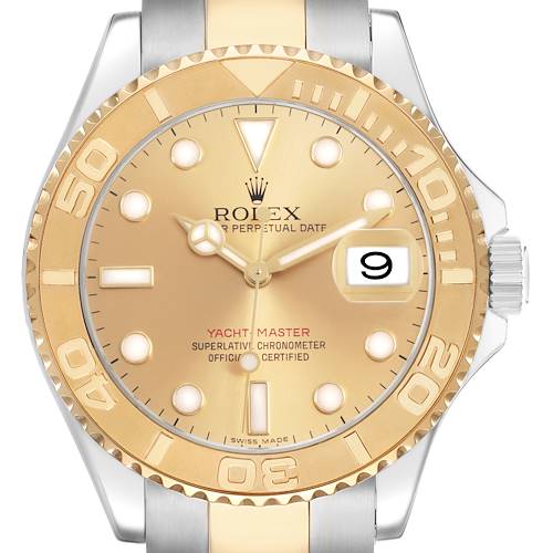 The Rolex Yacht-Master 16623 Men's Stainless Steel Champagne Dial watch is shown from the front, highlighting the gold dial, bezel, and stainless steel elements.