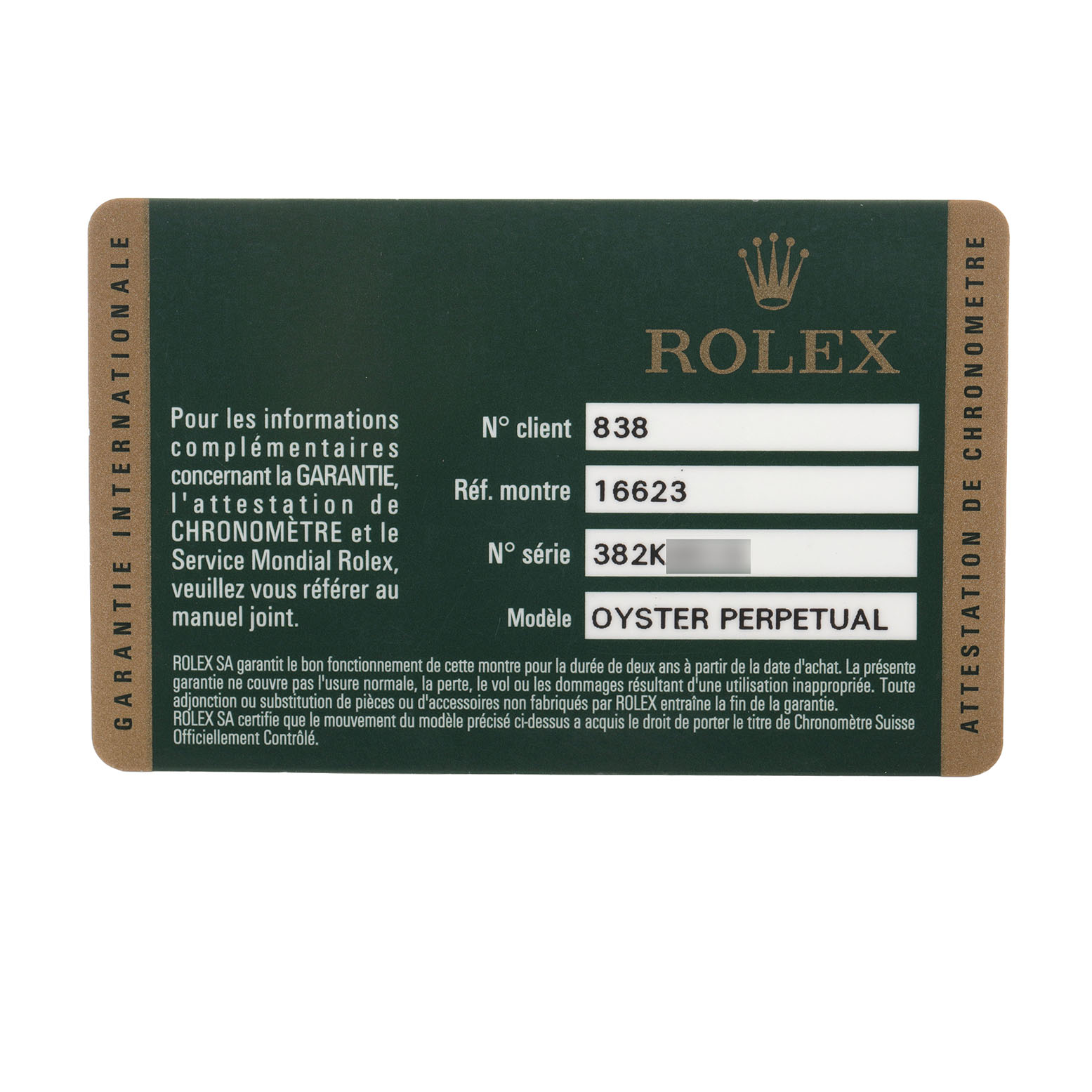 The image shows a warranty card for a Rolex Yacht-Master 16623 Men's Stainless Steel Champagne Dial, with model details and the Oyster Perpetual designation.