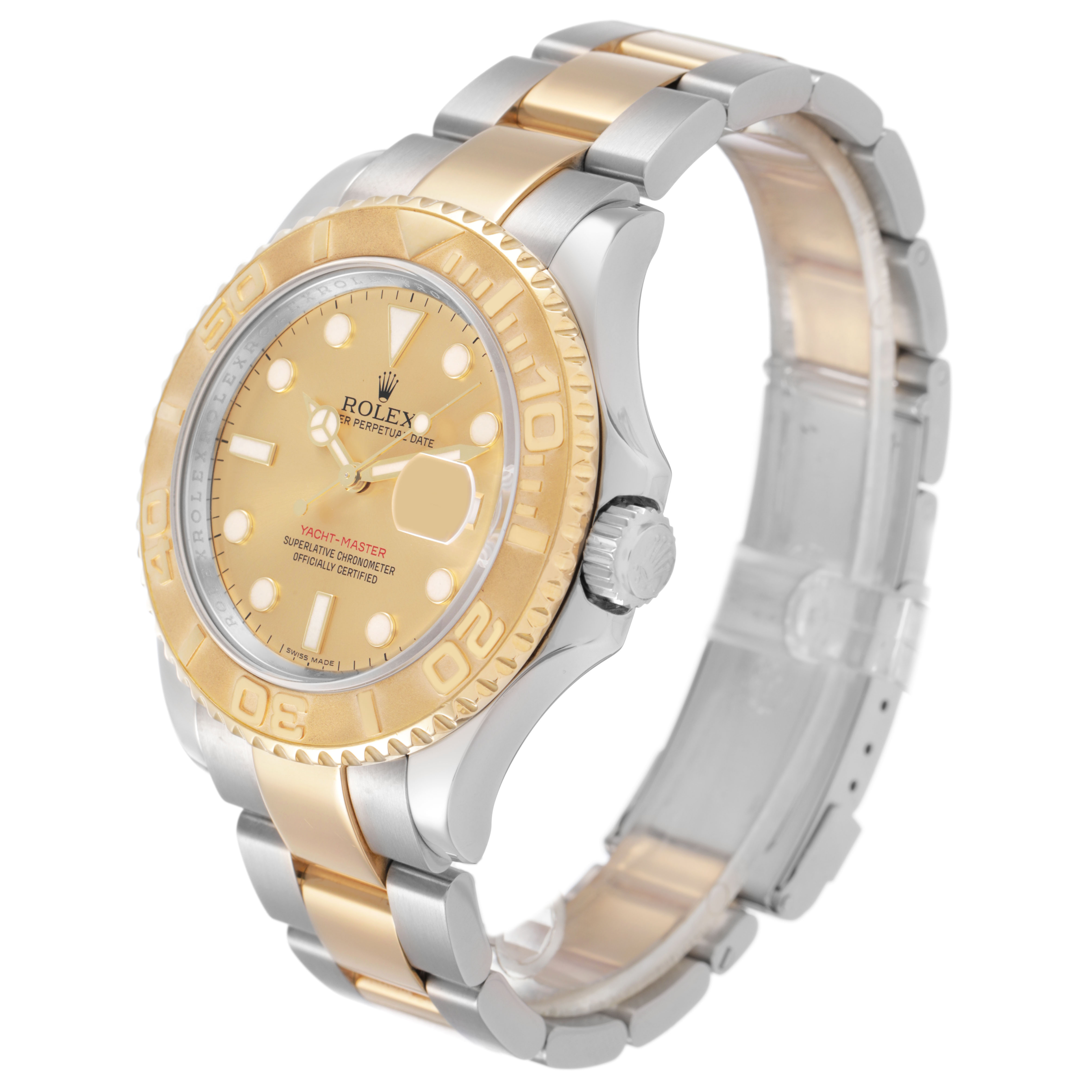 The Rolex Yacht-Master 16623 Men's Stainless Steel Champagne Dial watch is shown at a slight top-side angle, highlighting the dial, bezel, and bracelet.