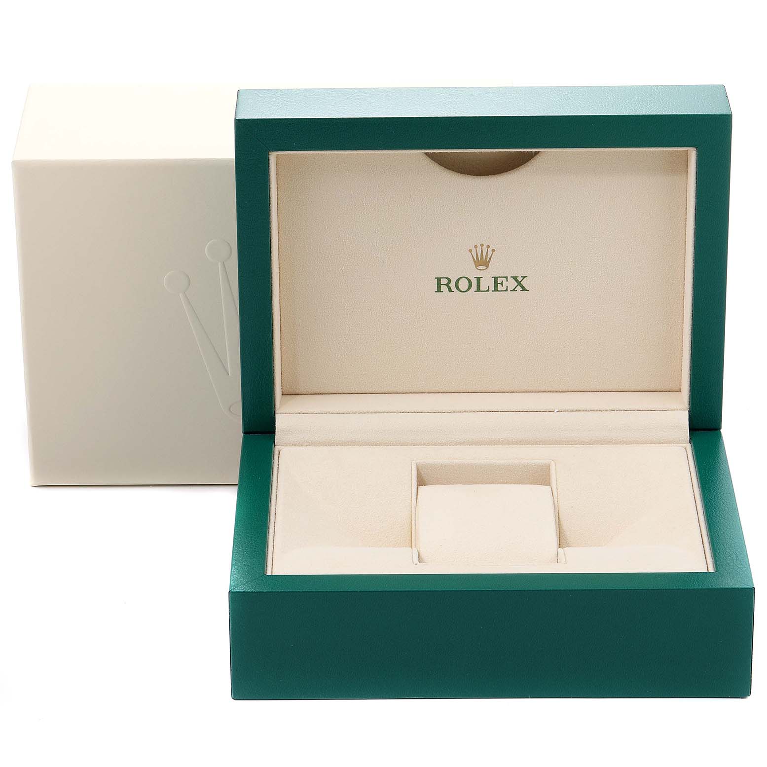 This image shows an open green and beige Rolex watch box, likely for a Yacht-Master model, with the Rolex logo inside.