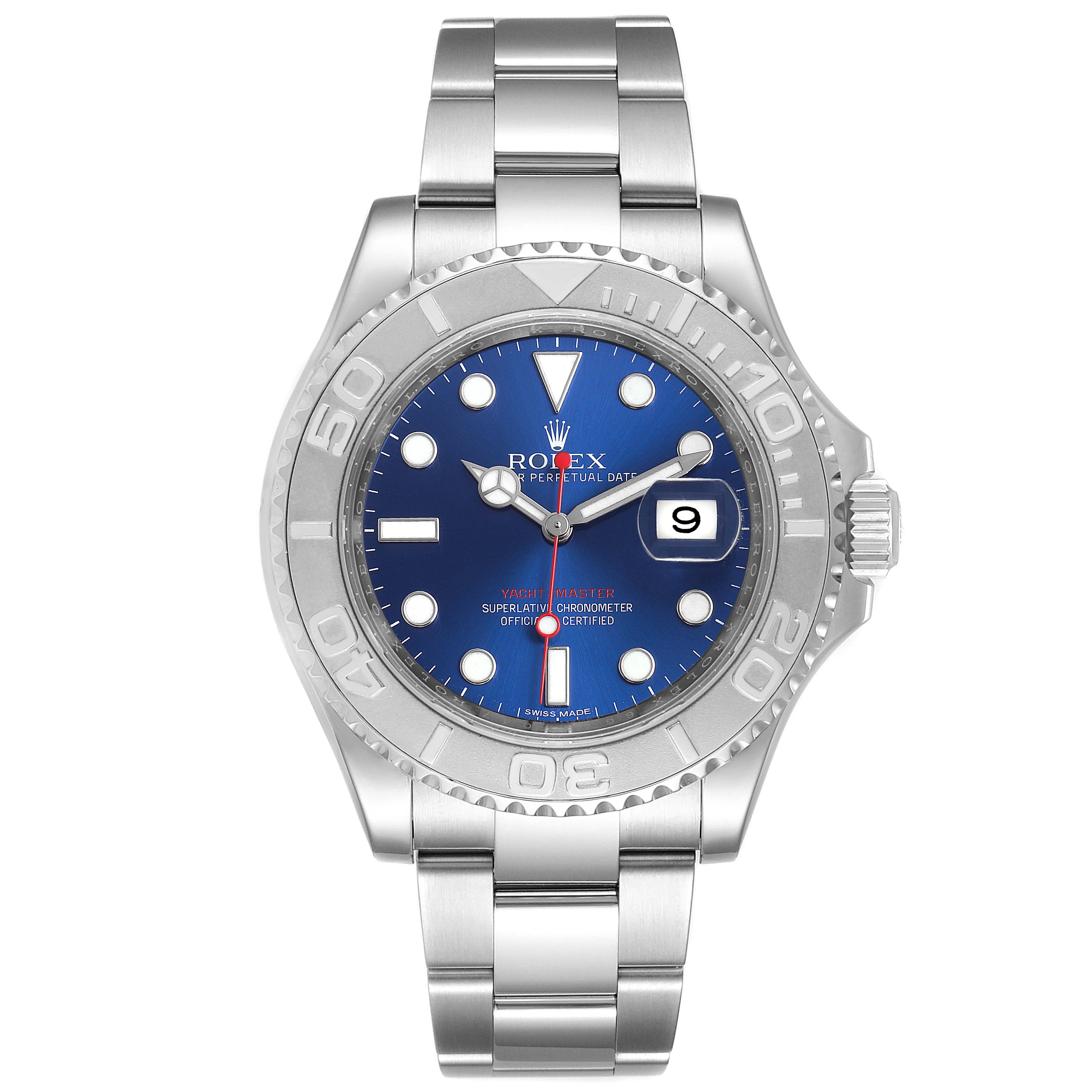The image shows a front view of a Rolex Yacht-Master 116622 Men
s Stainless Steel Blue Dial 116622 Men
s Stainless Steel Blue Dial watch, displaying its dial, bezel, bracelet, and crown.