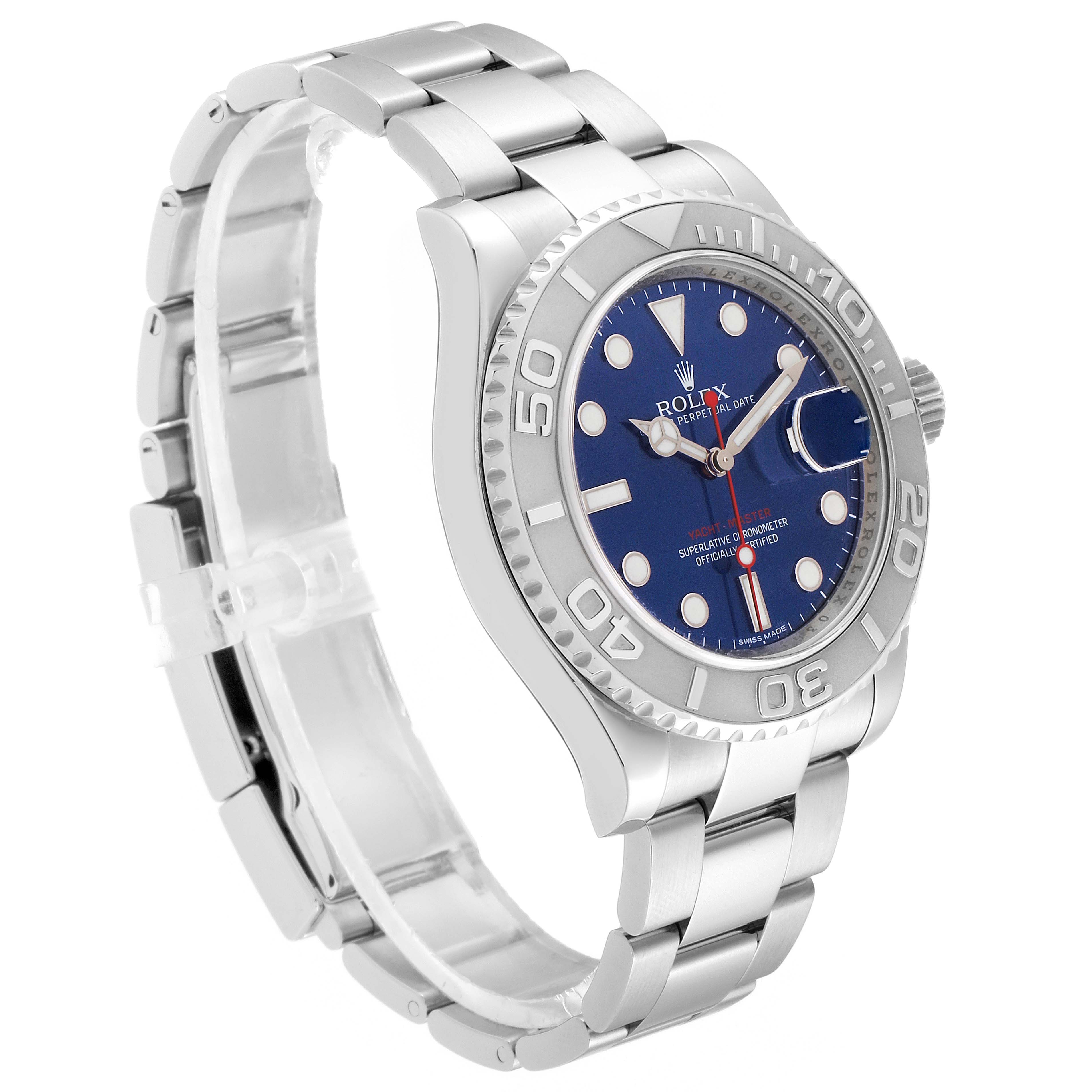The image shows a side angle of the Rolex Yacht-Master 116622 Men
s Stainless Steel Blue Dial 116622 Men
s Stainless Steel Blue Dial watch, displaying its face, bezel, and metal bracelet.