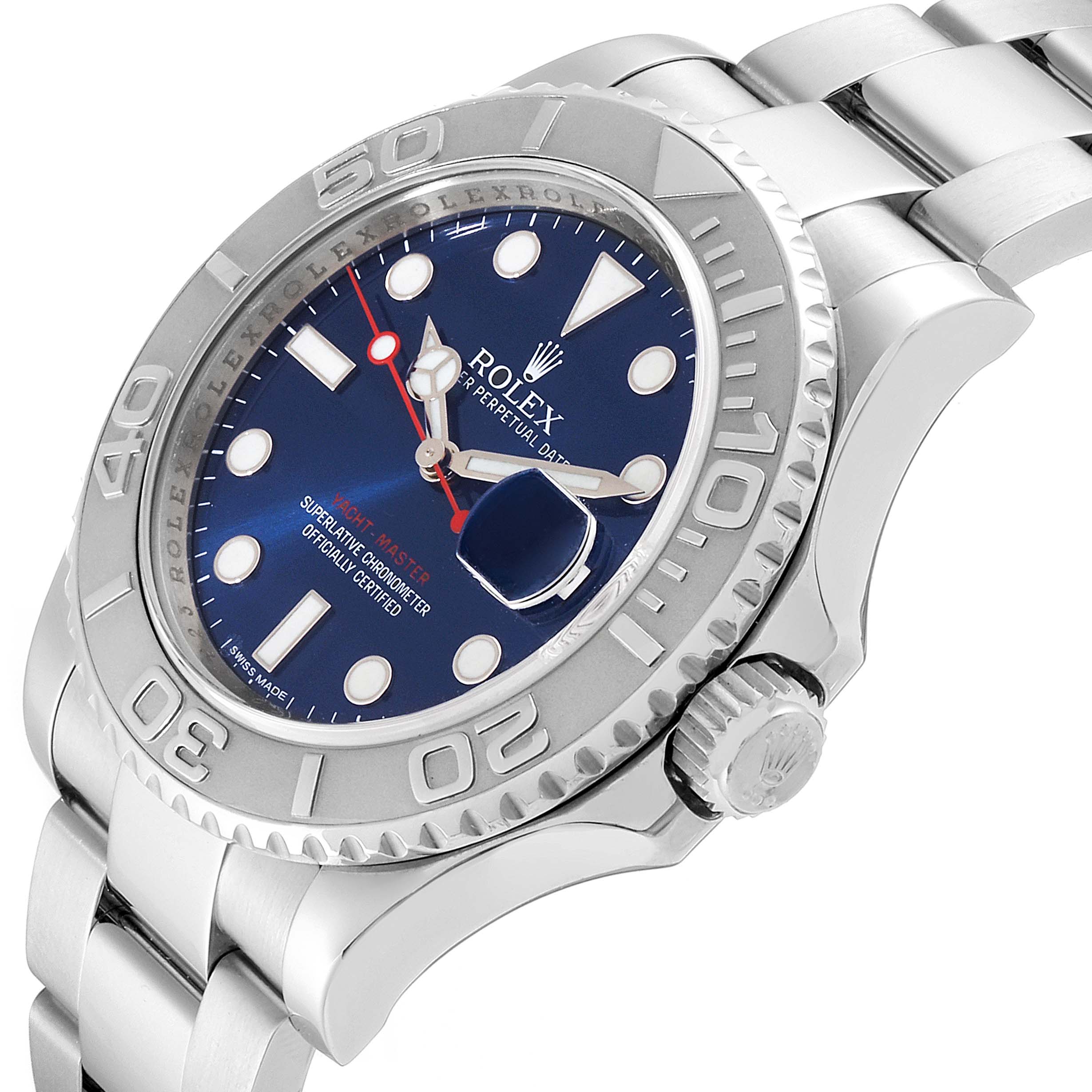 The Rolex Yacht-Master 116622 Men
s Stainless Steel Blue Dial 116622 Men
s Stainless Steel Blue Dial watch is shown from an angled side view, highlighting the dial, bezel, and part of the bracelet.