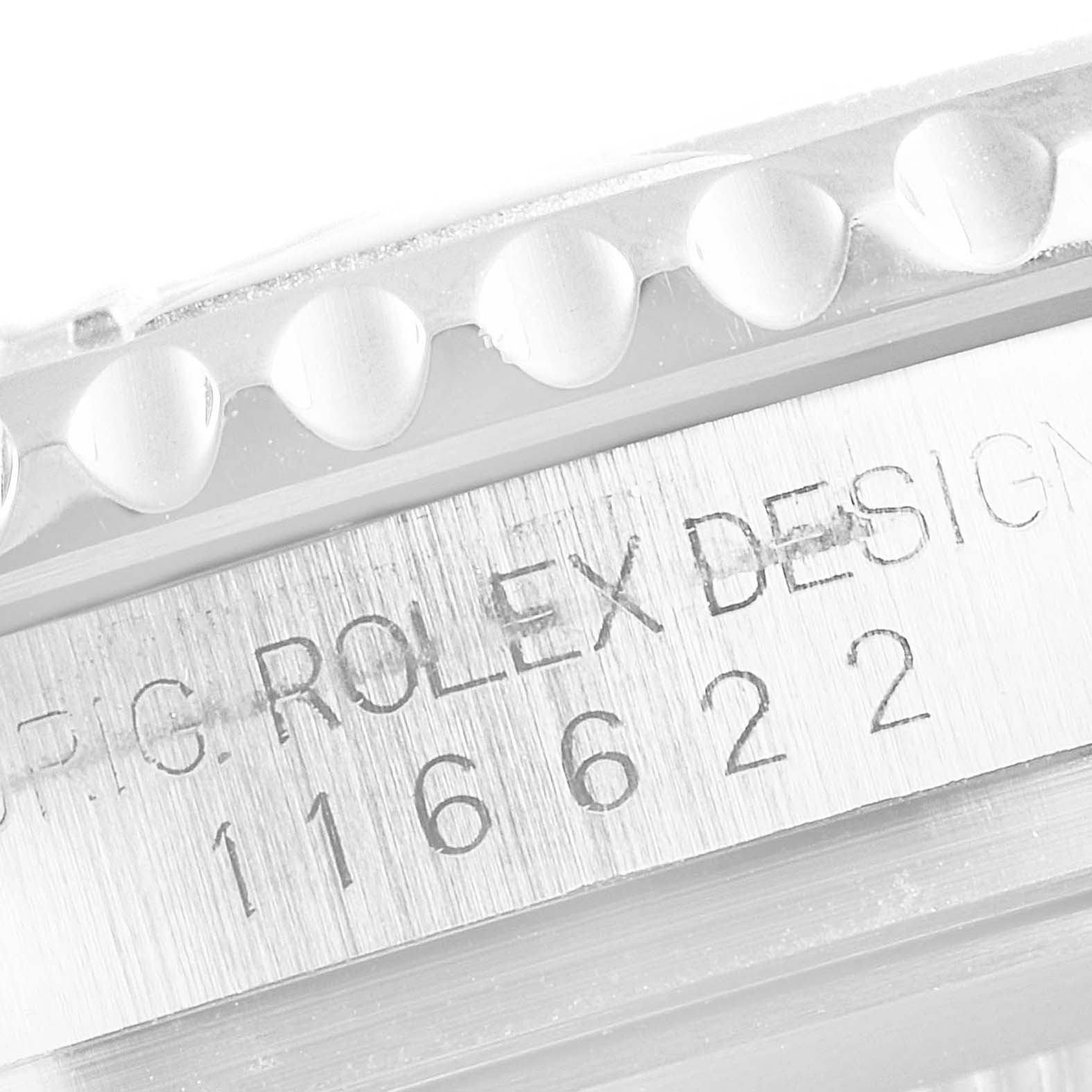 This image shows a close-up of the bezel and engraved "ROLEX DESIGN" marking of a Rolex Yacht-Master 116622 Men
s Stainless Steel Blue Dial 116622 Men
s Stainless Steel Blue Dial watch.