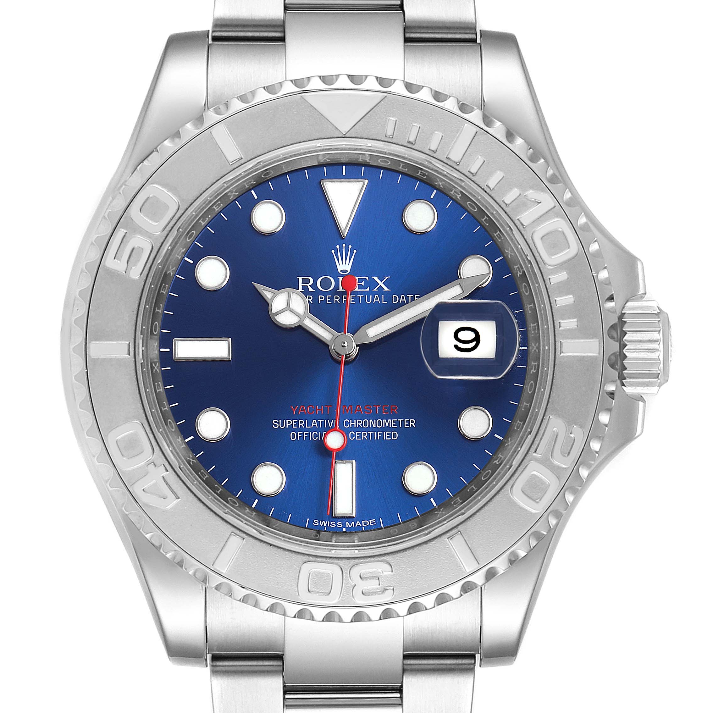 This image shows a front view of a Rolex Yacht-Master 116622 Men
s Stainless Steel Blue Dial 116622 Men
s Stainless Steel Blue Dial watch, displaying the blue dial, bezel, and bracelet.