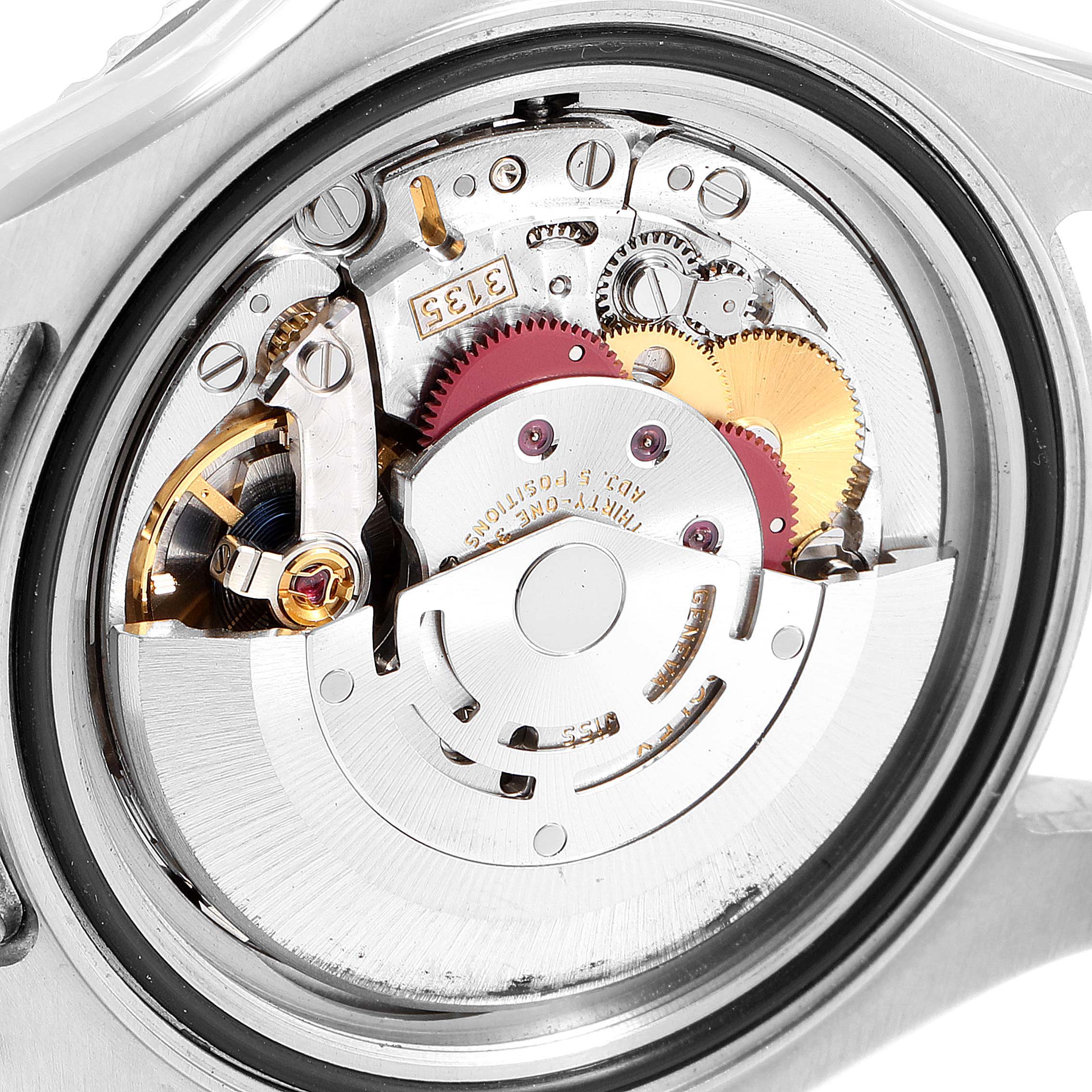 This image shows a close-up view of the internal mechanism of a Rolex Yacht-Master 116622 Men
s Stainless Steel Blue Dial 116622 Men
s Stainless Steel Blue Dial watch, highlighting the gears and movement components.