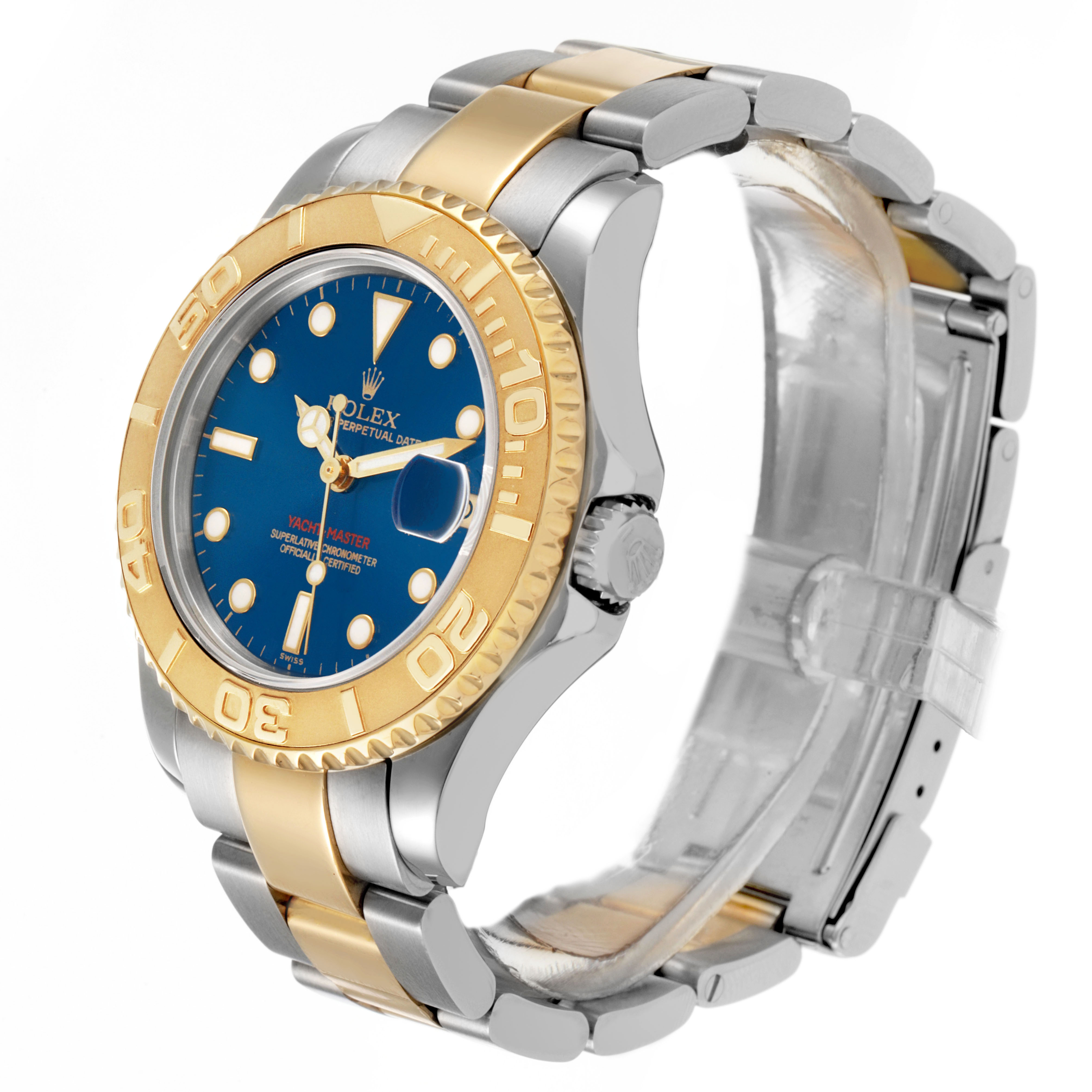 The Rolex Yacht-Master 68623 Men's Steel and Gold (two tone) Blue Dial watch is shown at a three-quarter angle, featuring the bezel, dial, crown, and bracelet.