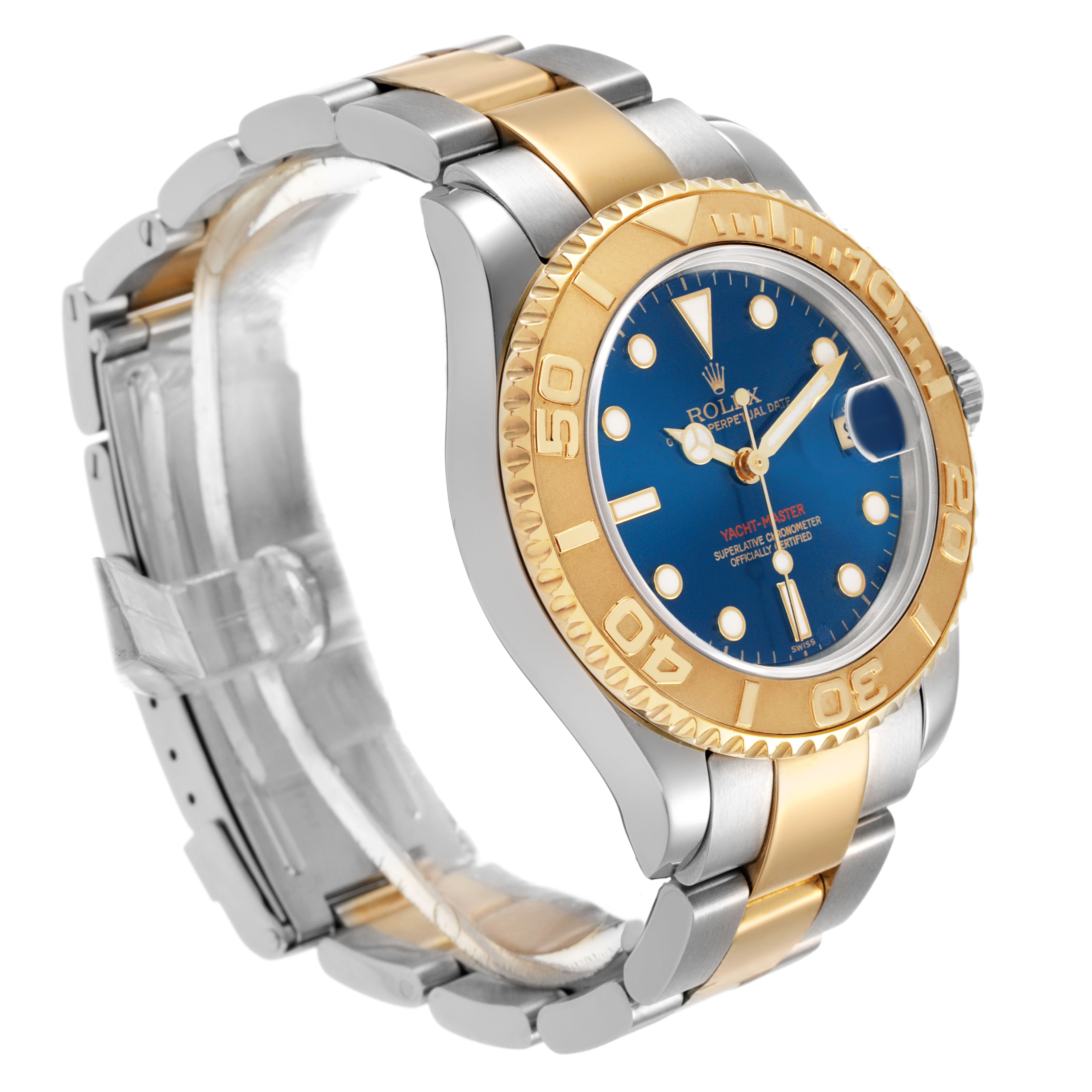 The Rolex Yacht-Master 68623 Men's Steel and Gold (two tone) Blue Dial watch is shown at a three-quarter angle, highlighting the bezel, dial, and two-tone bracelet.