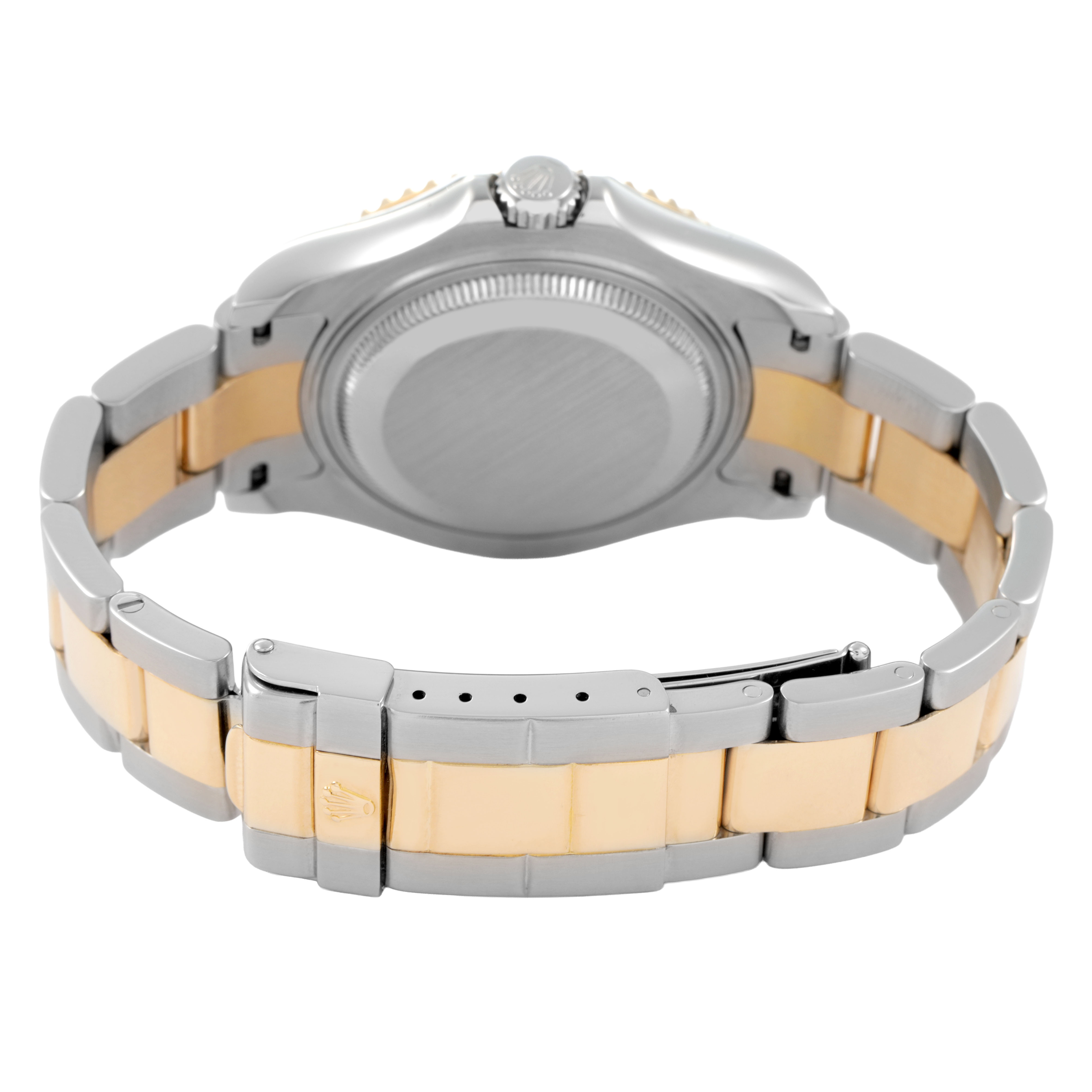 The image shows the back view of a Rolex Yacht-Master 68623 Men's Steel and Gold (two tone) Blue Dial watch, highlighting the clasp, bracelet, and case back.