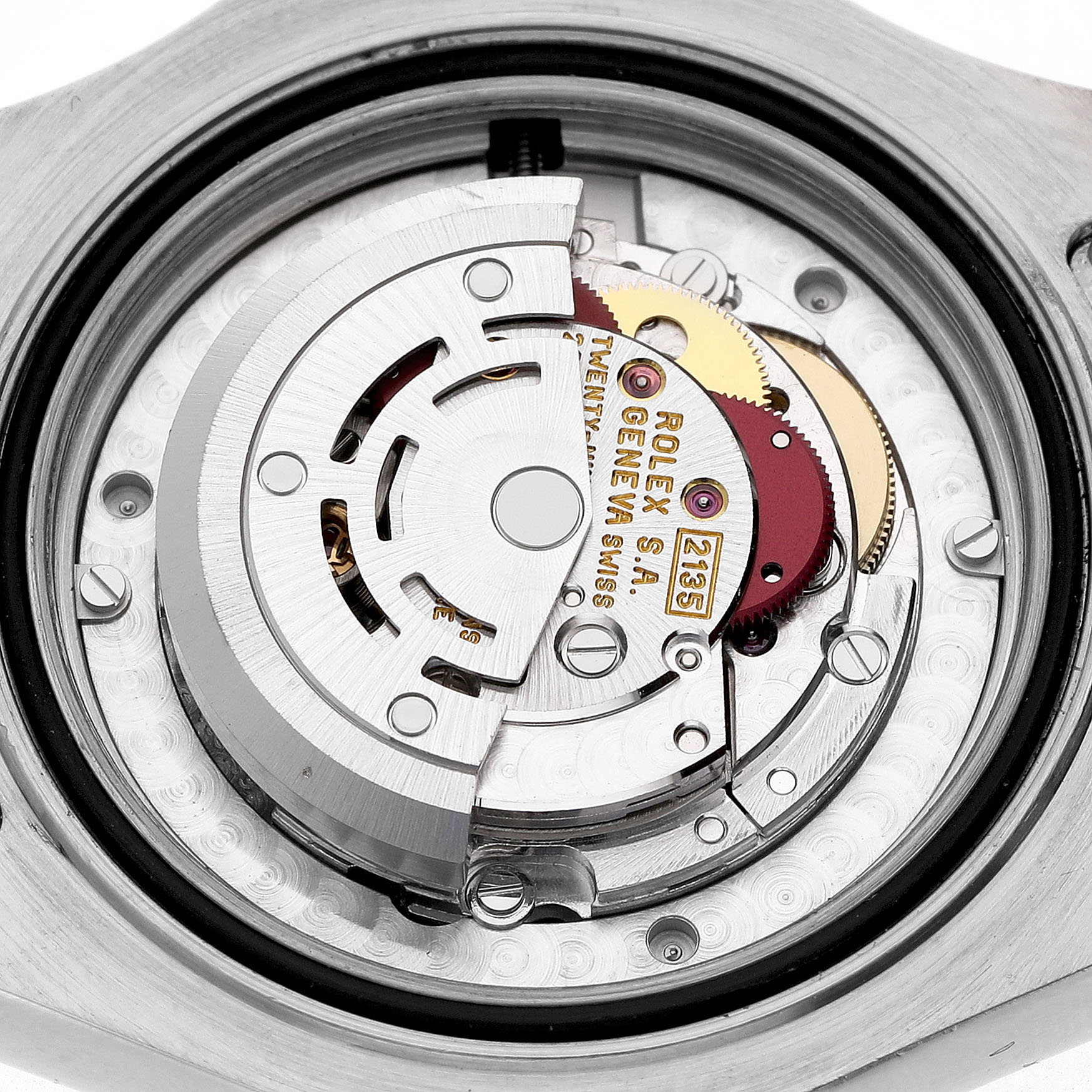 The image shows a close-up of the movement mechanism of a Rolex Yacht-Master 68623 Men's Steel and Gold (two tone) Blue Dial watch from a top-down angle.