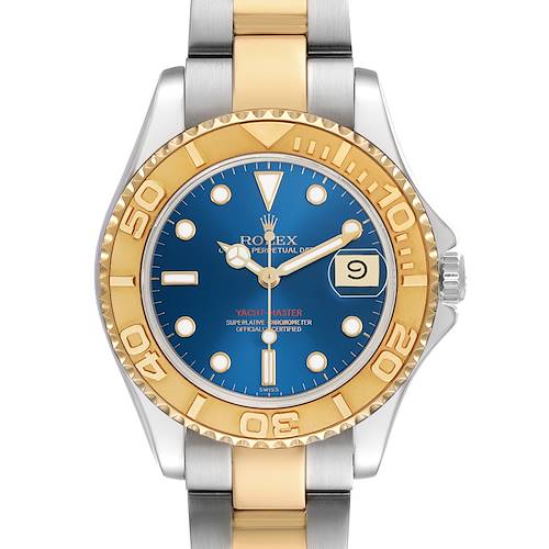 The Rolex Yacht-Master 68623 Men's Steel and Gold (two tone) Blue Dial watch is shown from a front view, highlighting the face, bezel, and bracelet.