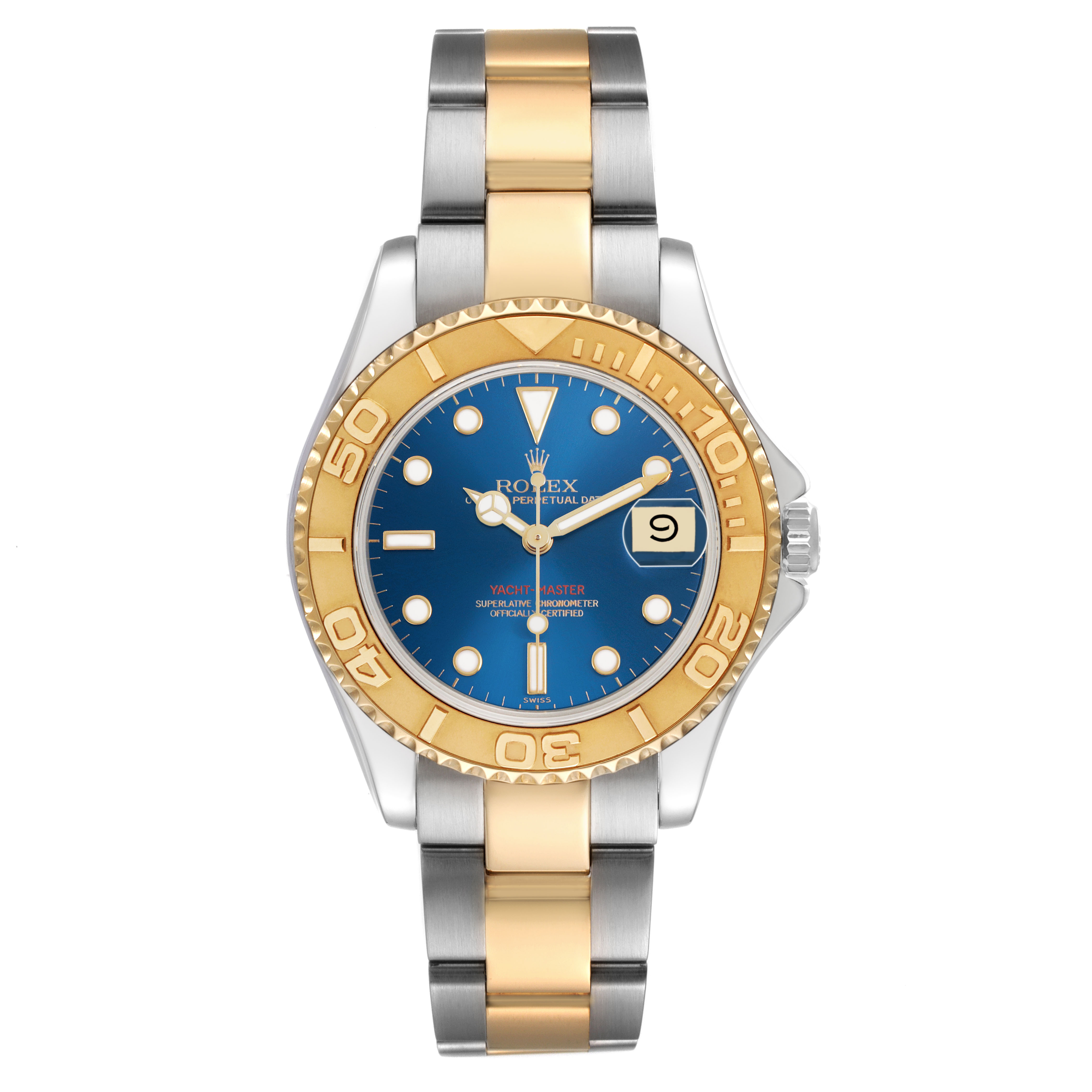 The Rolex Yacht-Master 68623 Men's Steel and Gold (two tone) Blue Dial watch is shown from a top-down view, highlighting the dial, bezel, bracelet, and crown.