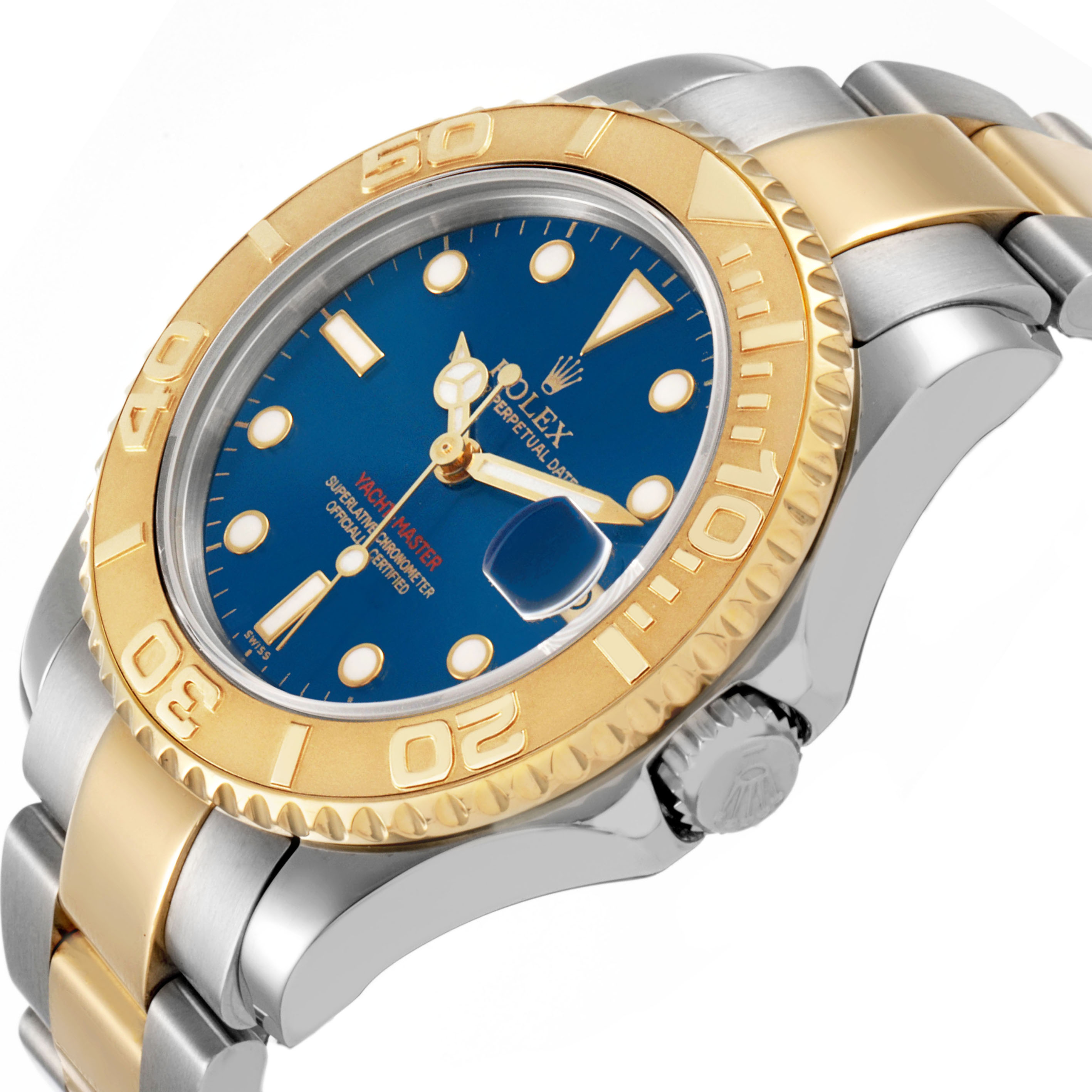 The Rolex Yacht-Master 68623 Men's Steel and Gold (two tone) Blue Dial watch is shown at a slight angle, highlighting the bezel, crown, and bracelet.