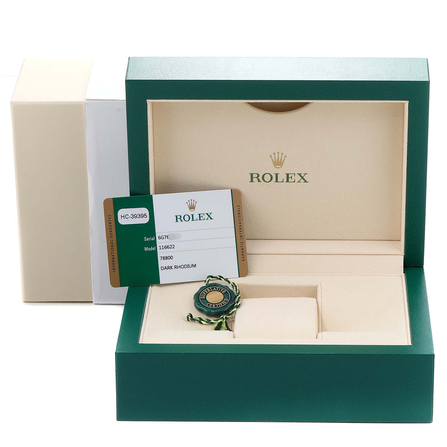 The image shows the open box and accessories for a Rolex Yacht-Master 116622 Men's Stainless Steel Grey Dial 116622 Men's Stainless Steel Grey Dial, including the tag and warranty card.