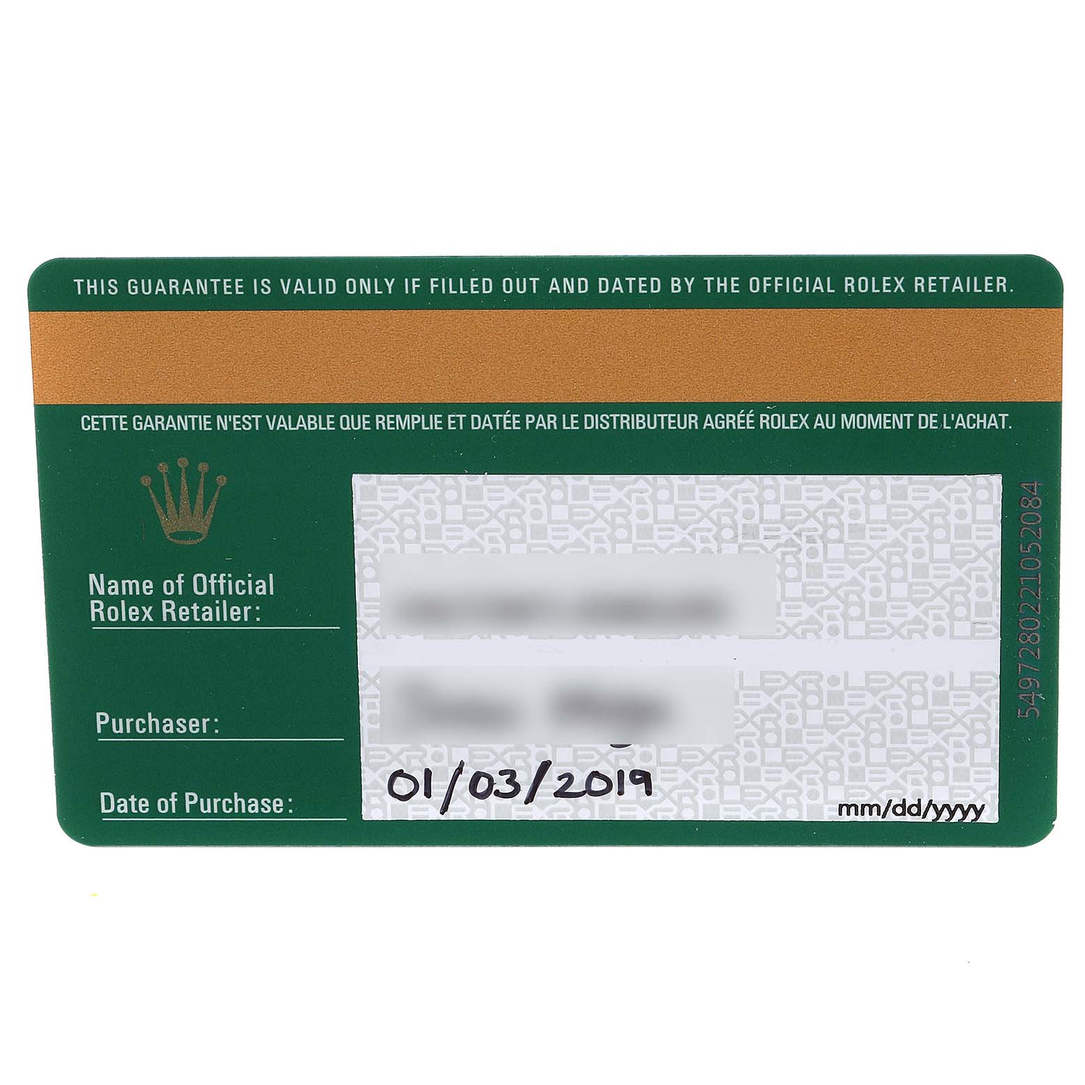 This image shows the official guarantee card for the Rolex Yacht-Master 116622 Men's Stainless Steel Grey Dial 116622 Men's Stainless Steel Grey Dial watch.