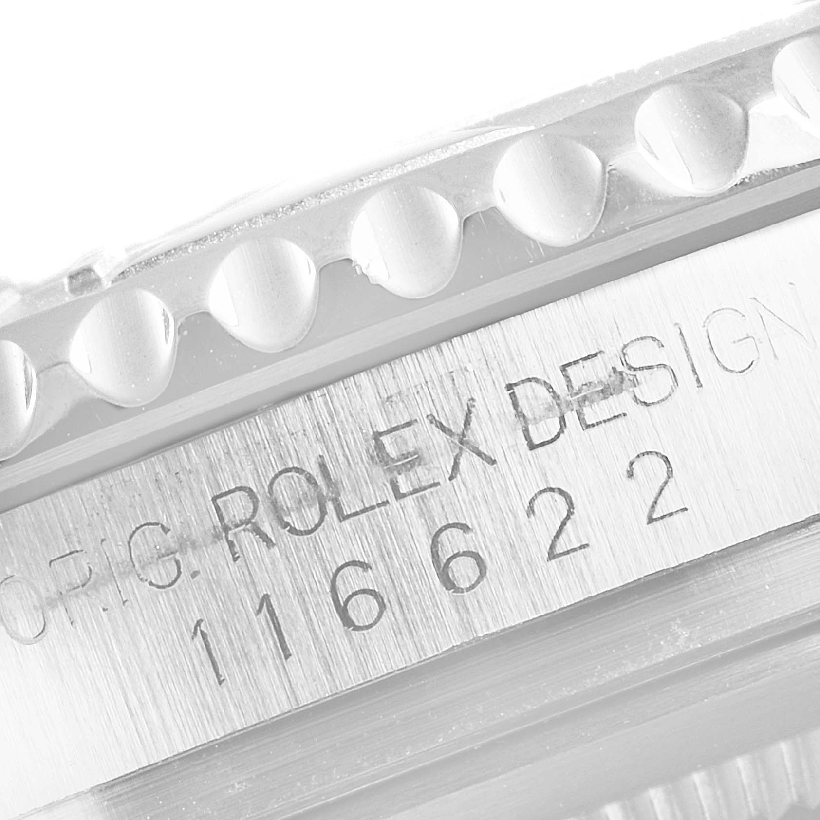 This close-up image shows the bezel and engraved serial number on a Rolex Yacht-Master 116622 Men's Stainless Steel Grey Dial 116622 Men's Stainless Steel Grey Dial watch.