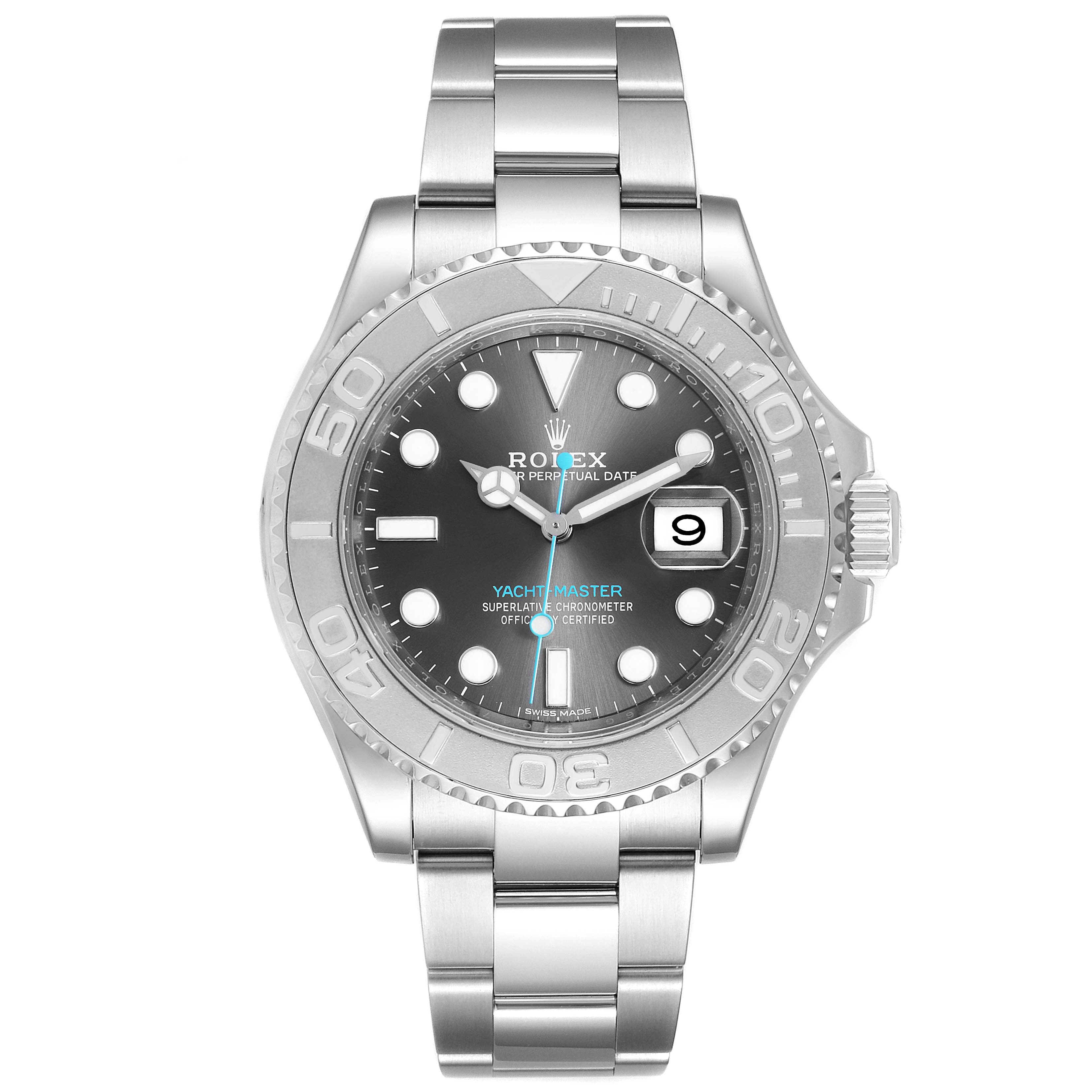 The image shows a front view of a Rolex Yacht-Master 116622 Men's Stainless Steel Grey Dial 116622 Men's Stainless Steel Grey Dial watch displaying its dial, bezel, bracelet, and crown.