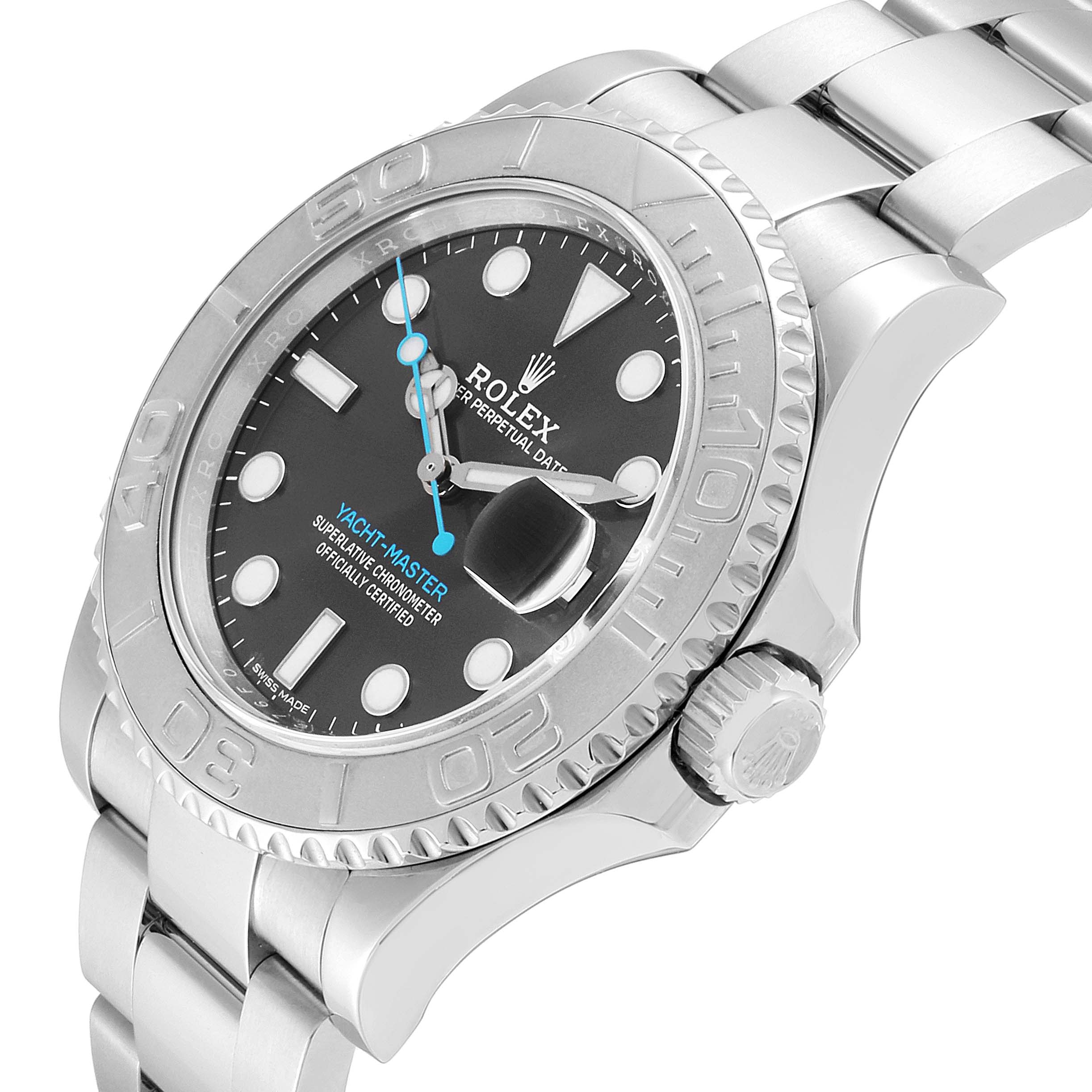 The image shows an angled view of the Rolex Yacht-Master 116622 Men's Stainless Steel Grey Dial 116622 Men's Stainless Steel Grey Dial watch, highlighting its bezel, dial, bracelet, and crown.