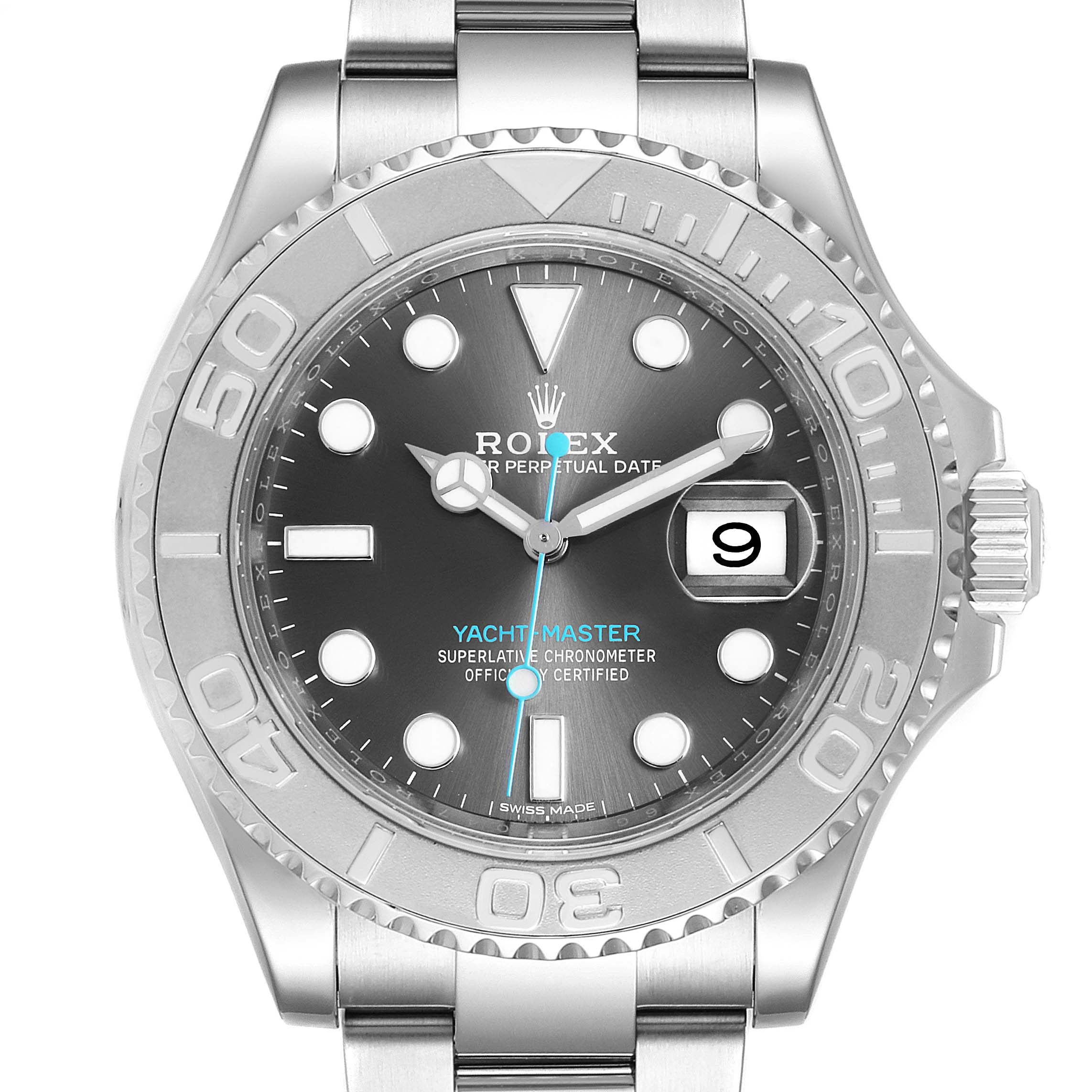 This image shows a front view of a Rolex Yacht-Master 116622 Men's Stainless Steel Grey Dial 116622 Men's Stainless Steel Grey Dial watch, highlighting its dial, bezel, and crown.