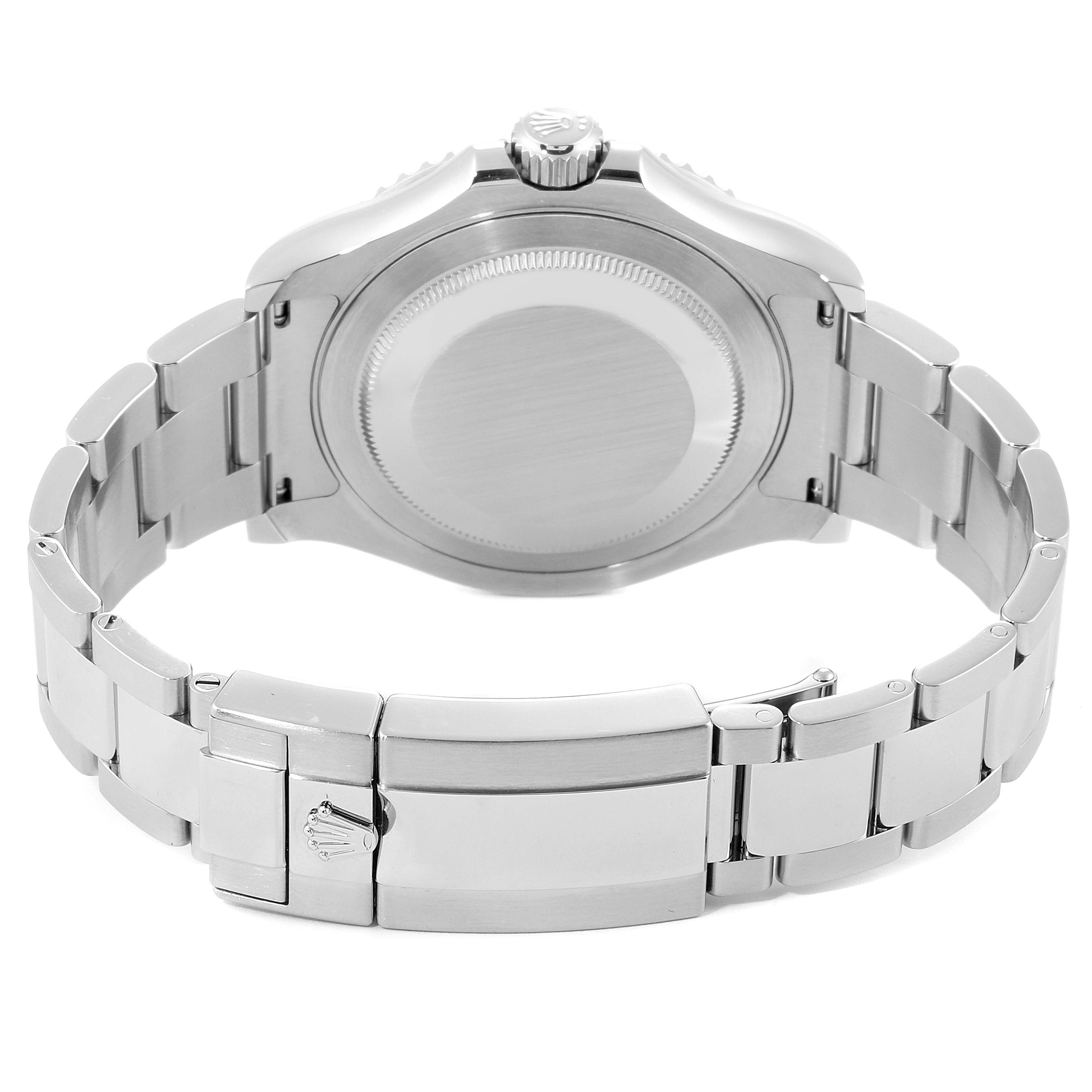 The image shows the back view of a Rolex Yacht-Master 116622 Men's Stainless Steel Grey Dial 116622 Men's Stainless Steel Grey Dial watch, detailing the case back and the metal bracelet clasp.