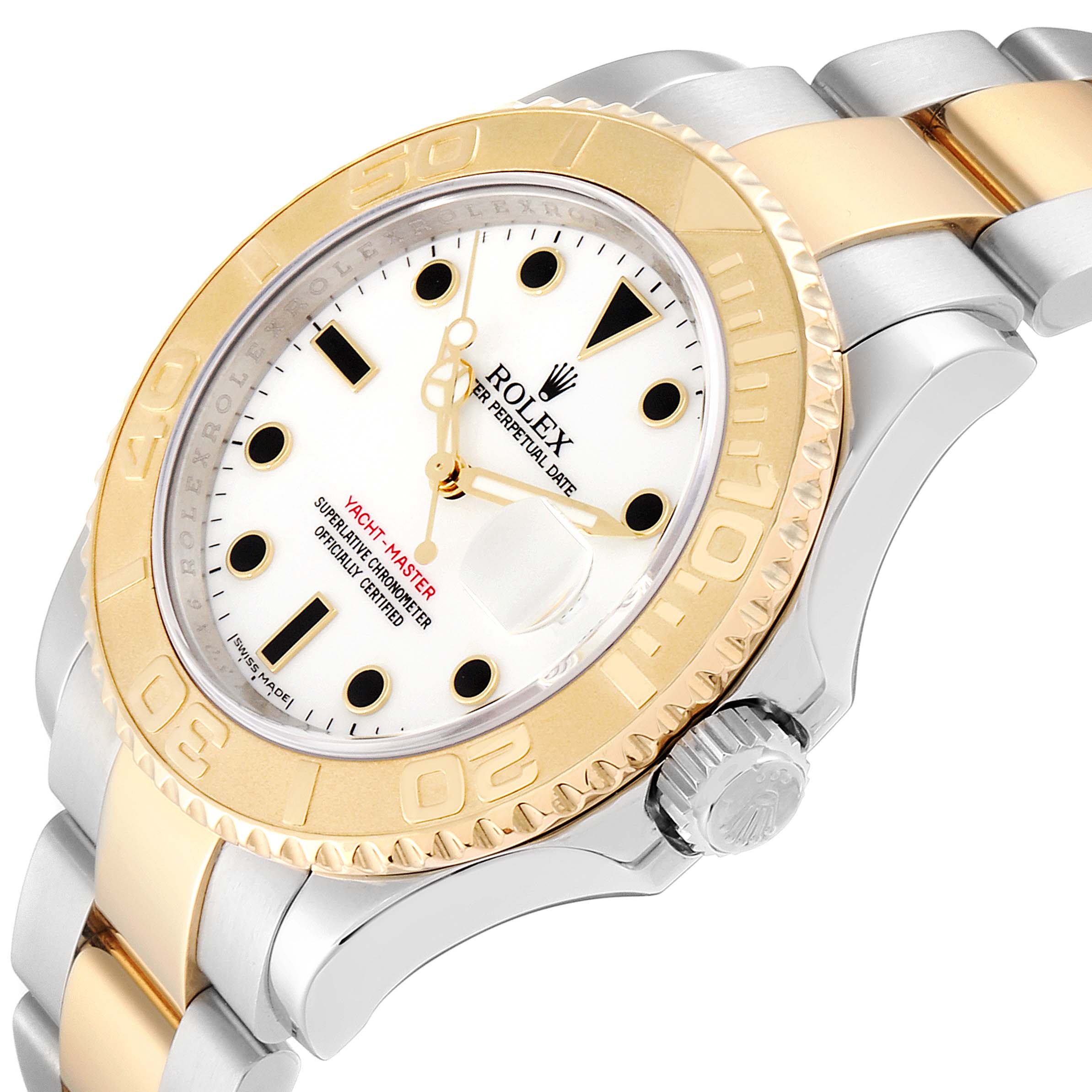 The image shows a Rolex Yacht-Master 16623 Men's Stainless Steel White Dial 16623 Men's Stainless Steel White Dial watch at an angle, highlighting the dial, bezel, and bracelet.