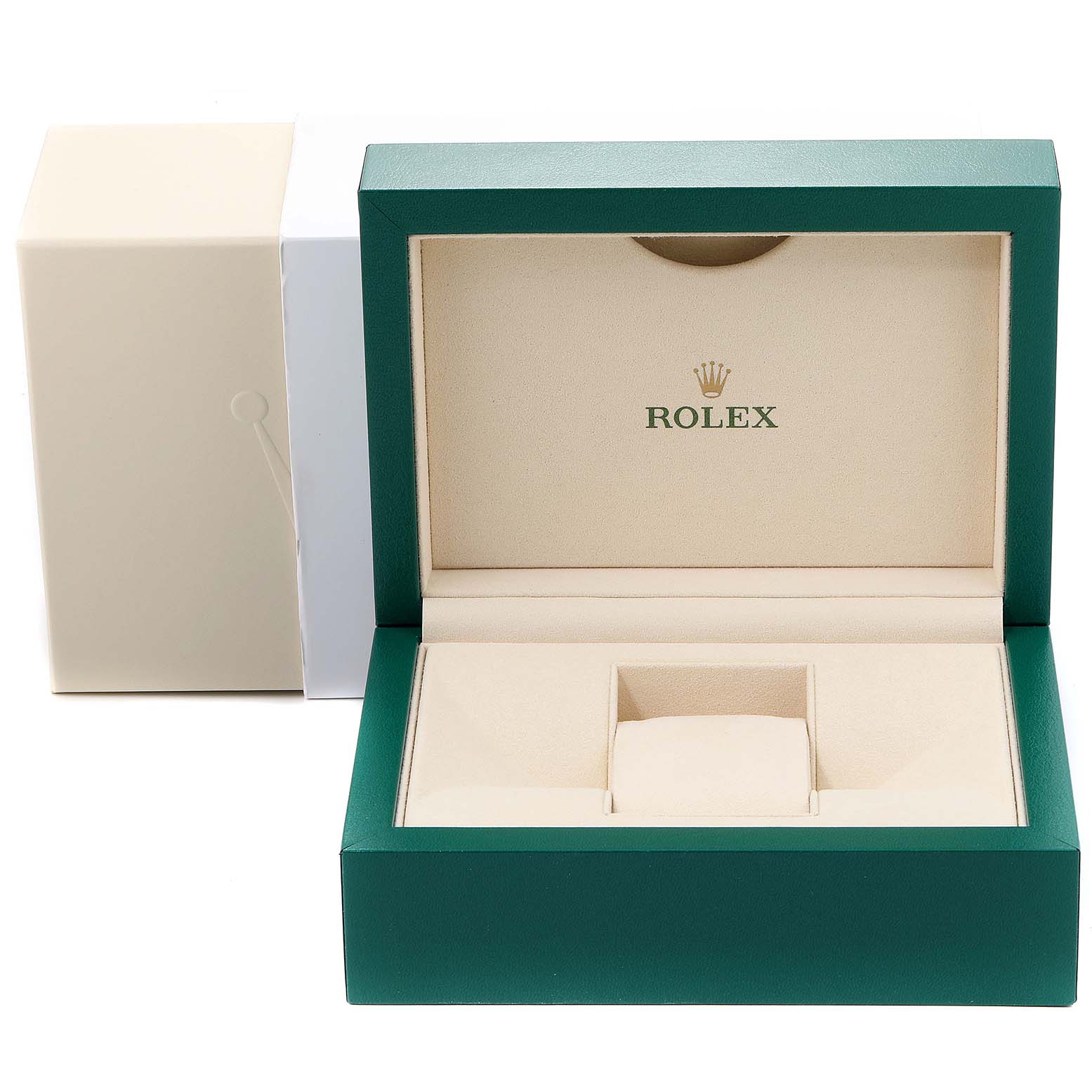 This image shows an open Rolex Yacht-Master 16623 Men's Stainless Steel White Dial 16623 Men's Stainless Steel White Dial watch box and its outer packaging, featuring green and beige colors.