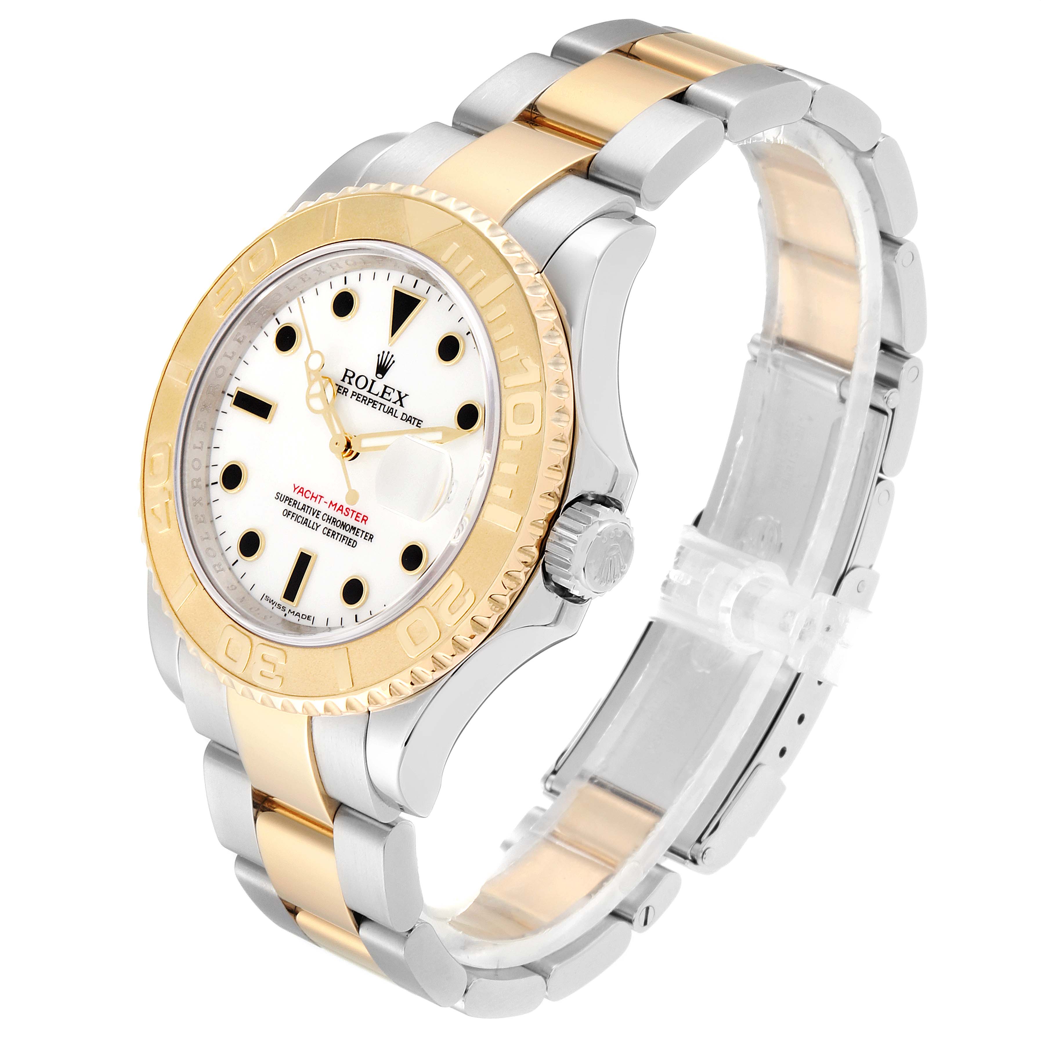 This image shows a side-angle view of the Rolex Yacht-Master 16623 Men's Stainless Steel White Dial 16623 Men's Stainless Steel White Dial watch, highlighting the bezel, crown, and bracelet.