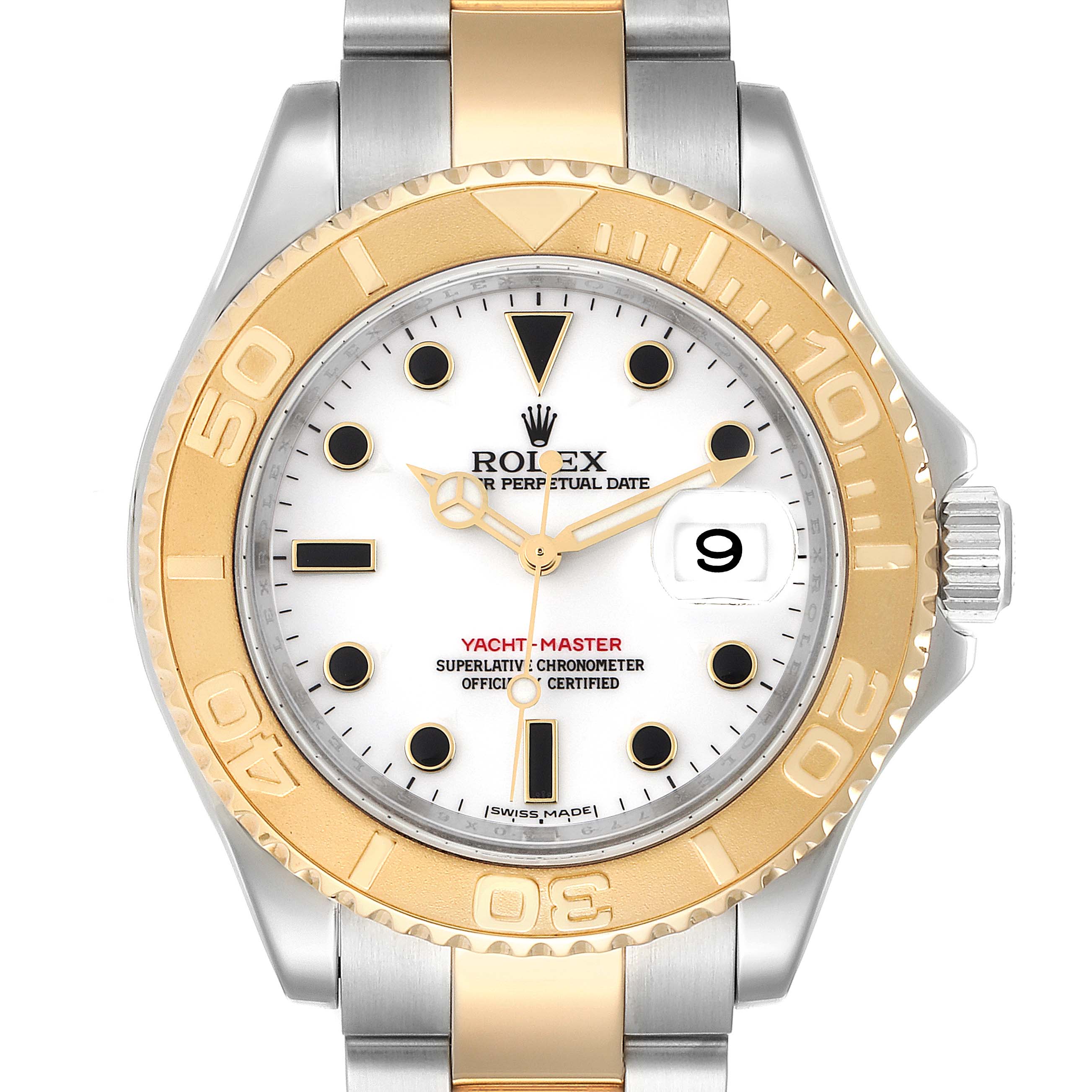 The image shows a frontal view of a Rolex Yacht-Master 16623 Men's Stainless Steel White Dial 16623 Men's Stainless Steel White Dial with a bimetallic band and a gold bezel.