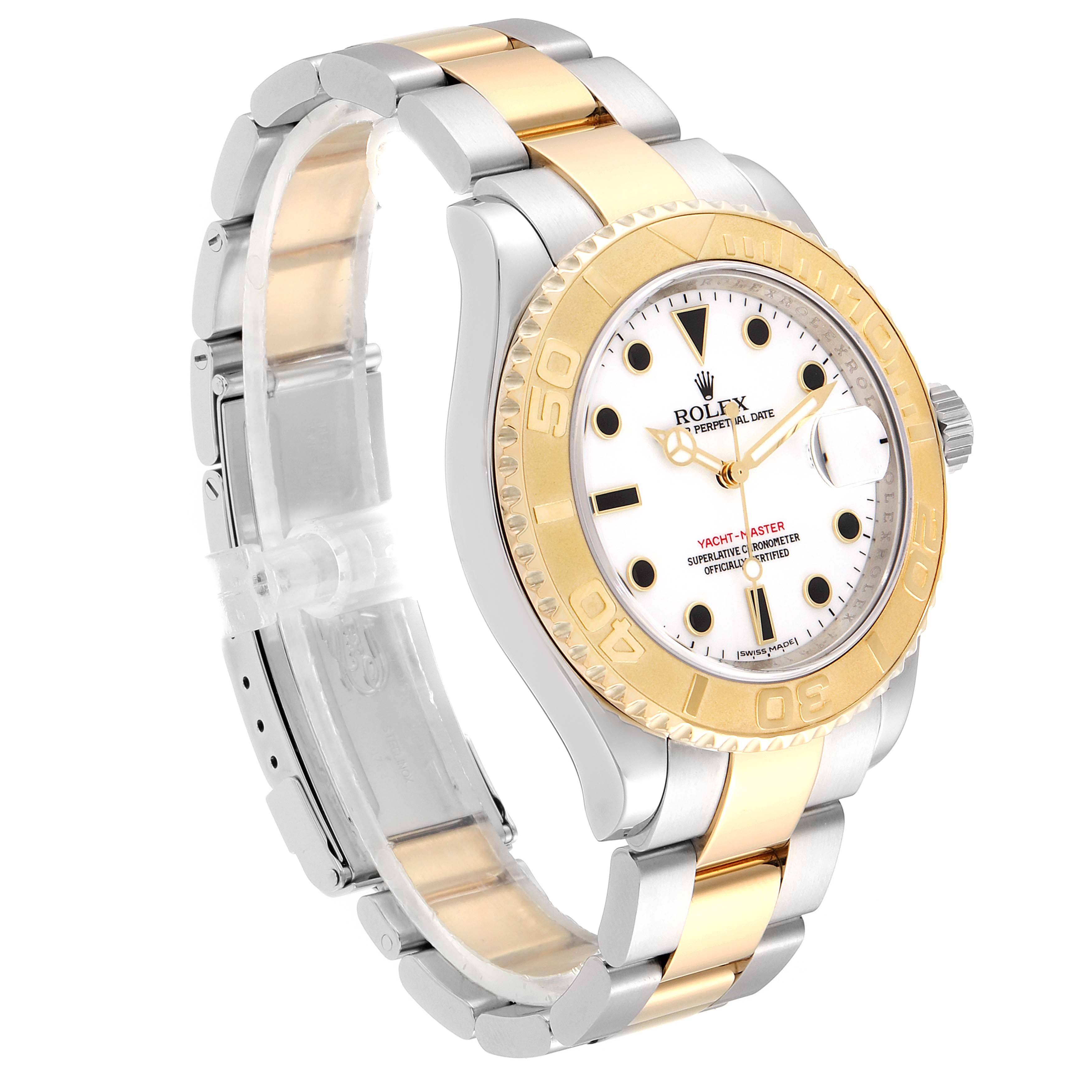 The Rolex Yacht-Master 16623 Men's Stainless Steel White Dial 16623 Men's Stainless Steel White Dial watch is shown at a three-quarter angle, highlighting the dial, bezel, and two-tone bracelet.