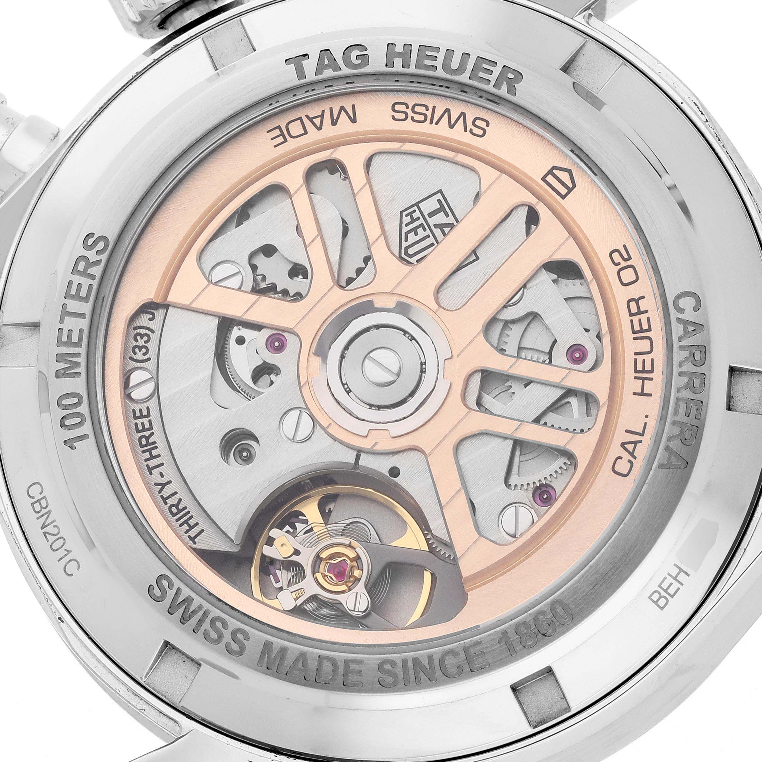 The image shows the transparent back case and internal mechanisms of a Tag Heuer Carrera CBN201C.FC6542 Men's Stainless Steel Black Dial CBN201C.FC6542 Men's Stainless Steel Black Dial watch.