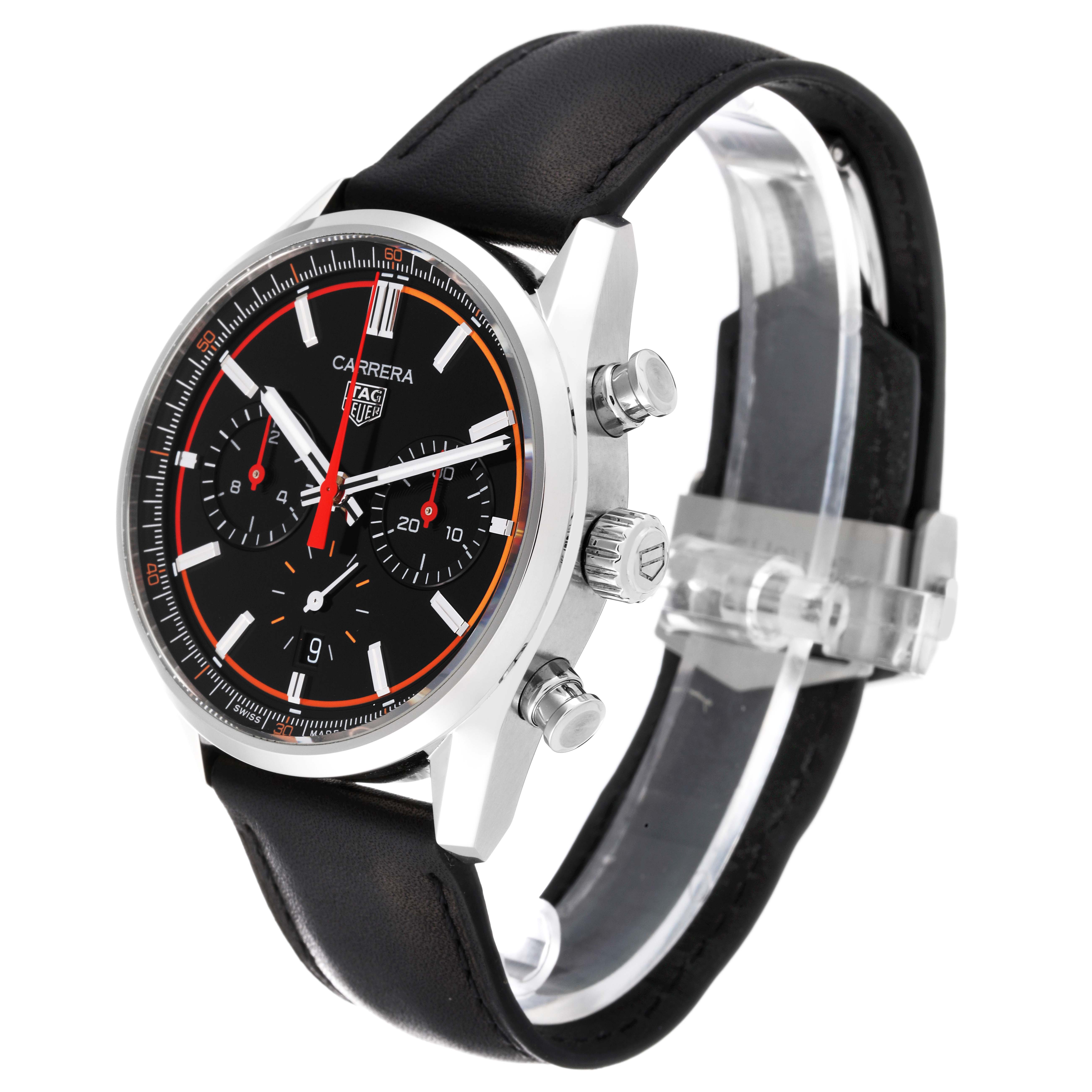 The image shows a Tag Heuer Carrera CBN201C.FC6542 Men's Stainless Steel Black Dial CBN201C.FC6542 Men's Stainless Steel Black Dial watch from a side angle, highlighting its black dial, chronograph dials, crown, and leather strap.