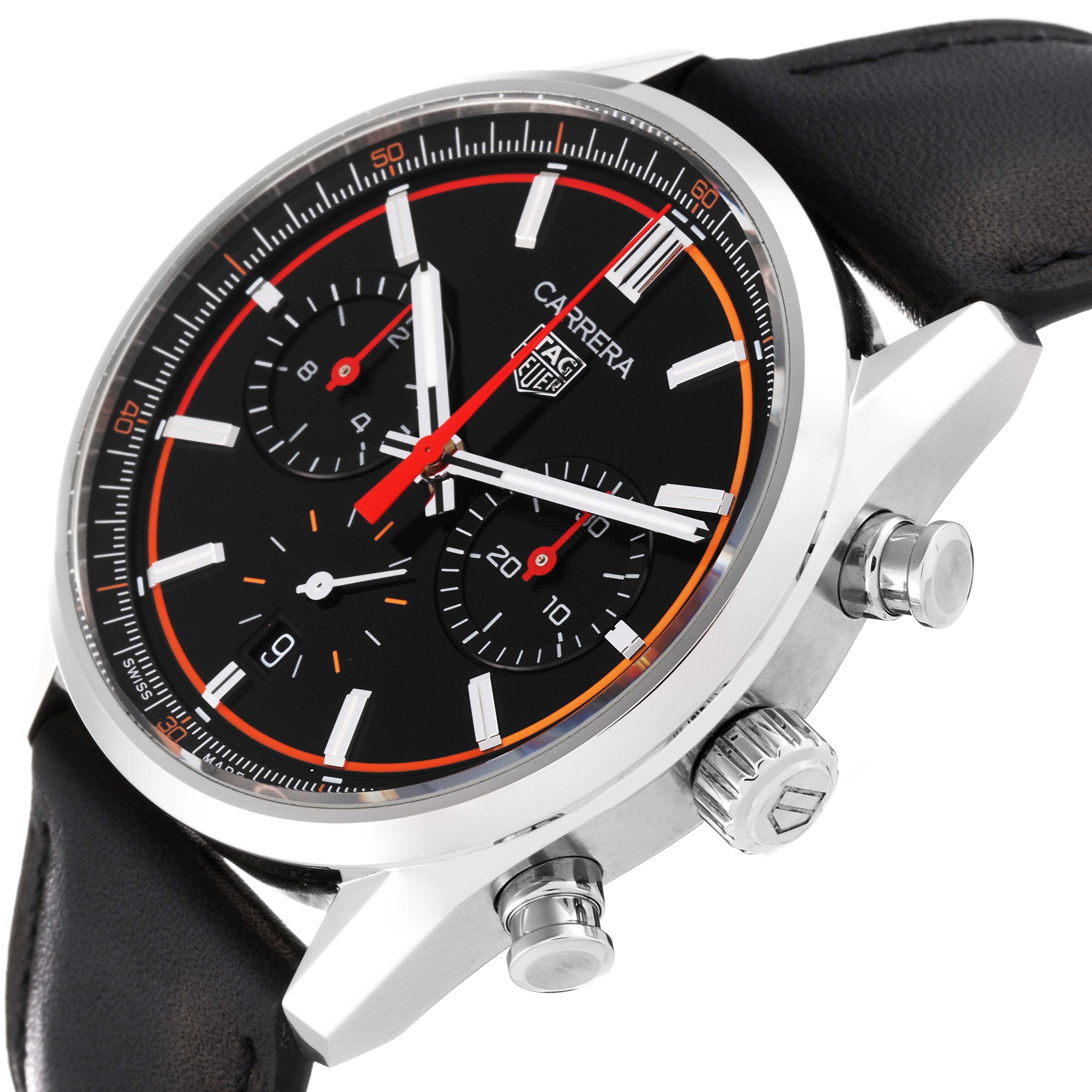 The image shows a close-up angle of a Tag Heuer Carrera CBN201C.FC6542 Men's Stainless Steel Black Dial CBN201C.FC6542 Men's Stainless Steel Black Dial watch, highlighting the dial, chronograph subdials, and crown.