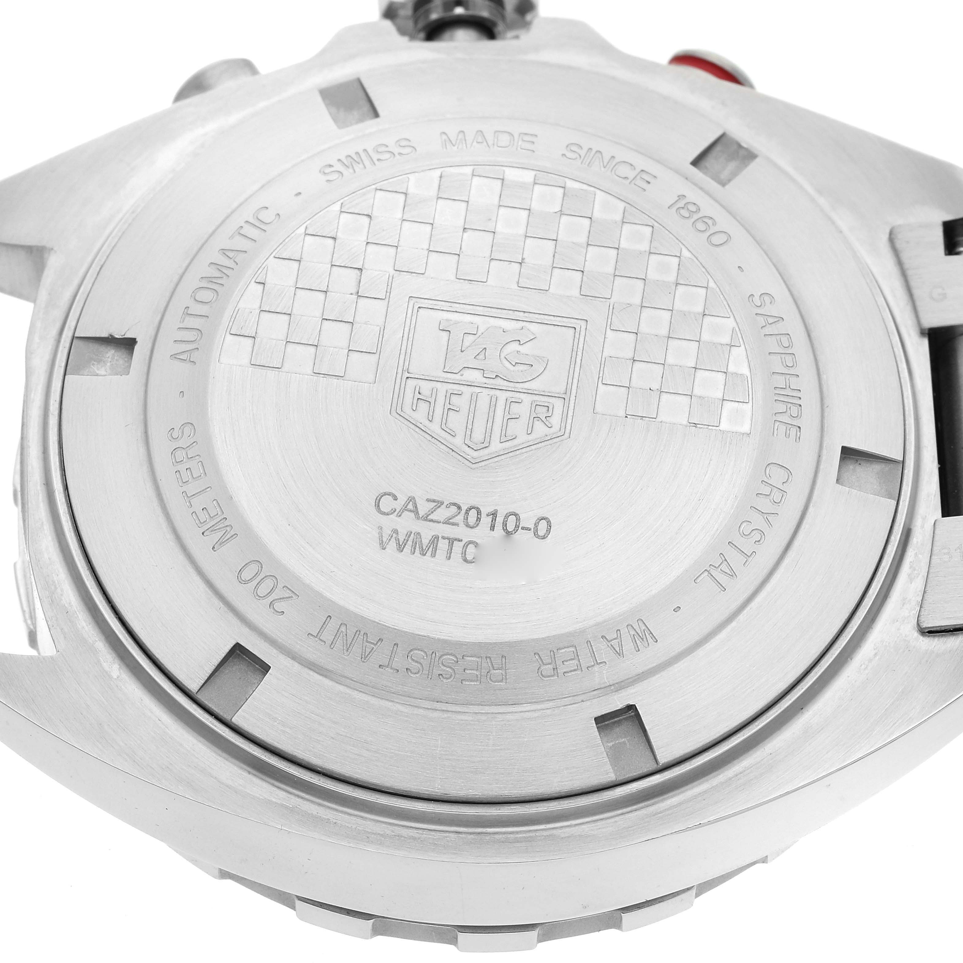 The image shows the back casing of a Tag Heuer Formula 1 CAZ2010.BA0876 Men's Stainless Steel Black Dial CAZ2010.BA0876 Men's Stainless Steel Black Dial watch, featuring branding and specifications.