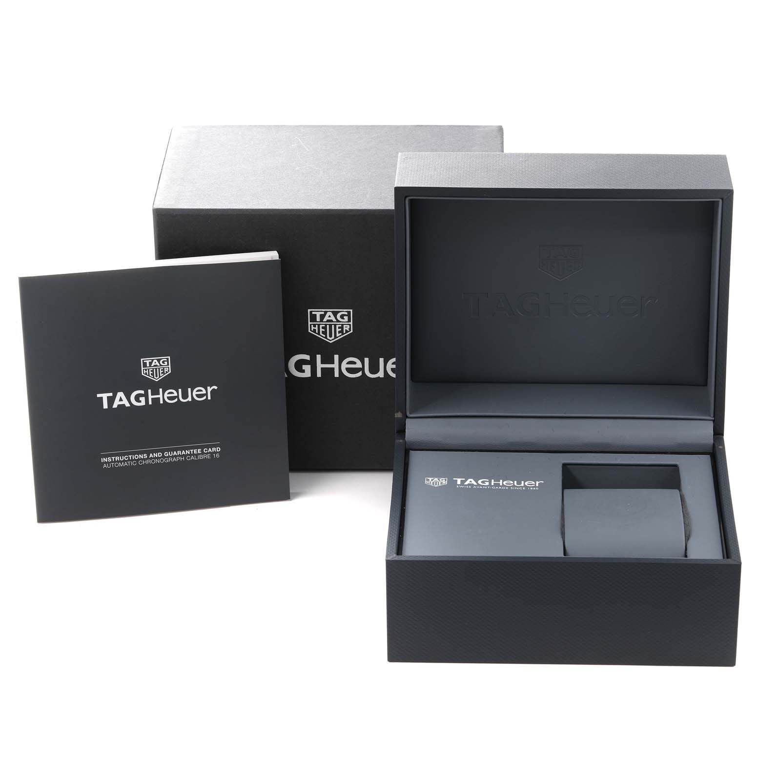 The image shows the packaging and manual of the Tag Heuer Formula 1 CAZ2010.BA0876 Men's Stainless Steel Black Dial CAZ2010.BA0876 Men's Stainless Steel Black Dial watch, including an open box, an outer box, and a booklet.