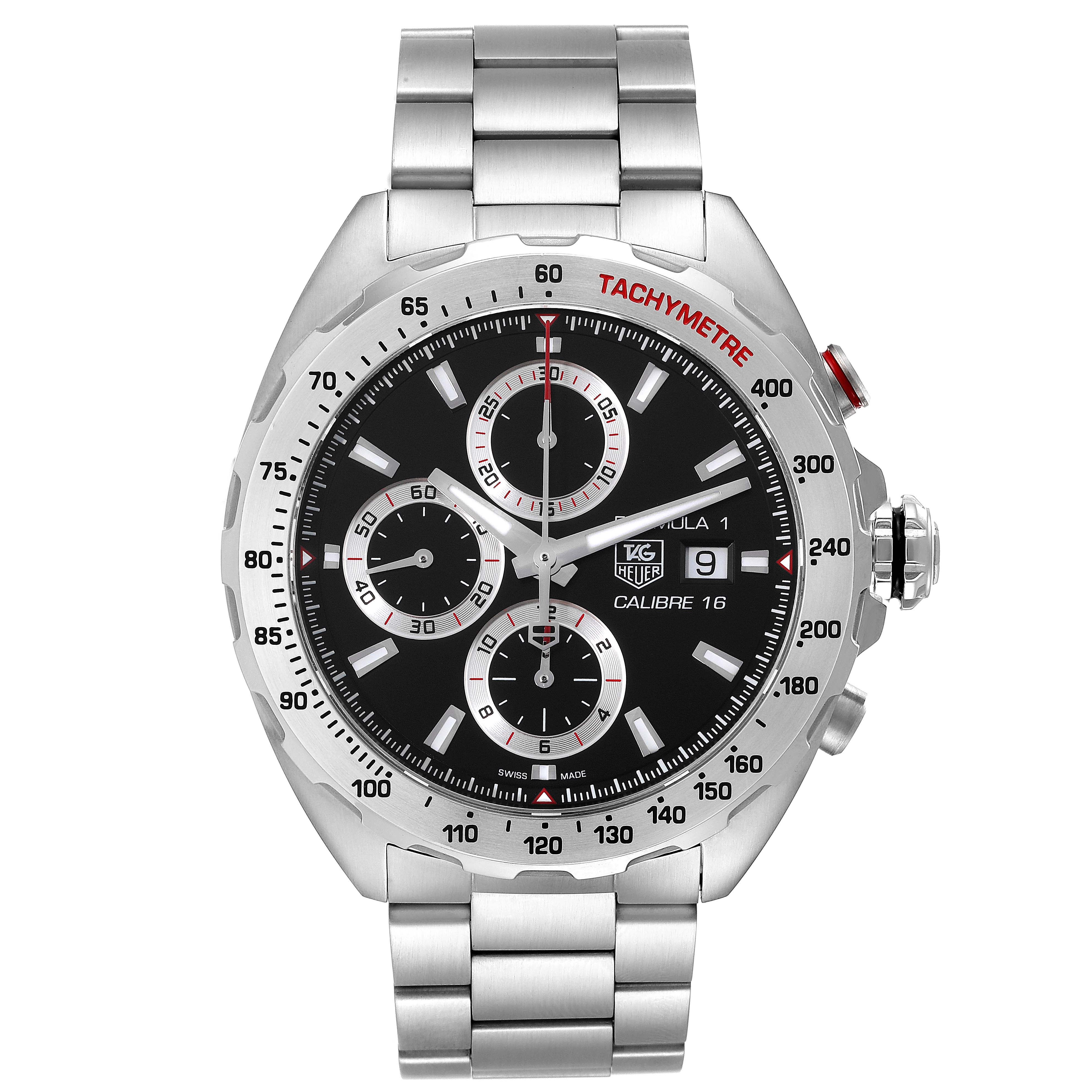 This image shows a front view of a Tag Heuer Formula 1 CAZ2010.BA0876 Men's Stainless Steel Black Dial CAZ2010.BA0876 Men's Stainless Steel Black Dial watch, featuring its dial, bezel, and bracelet.