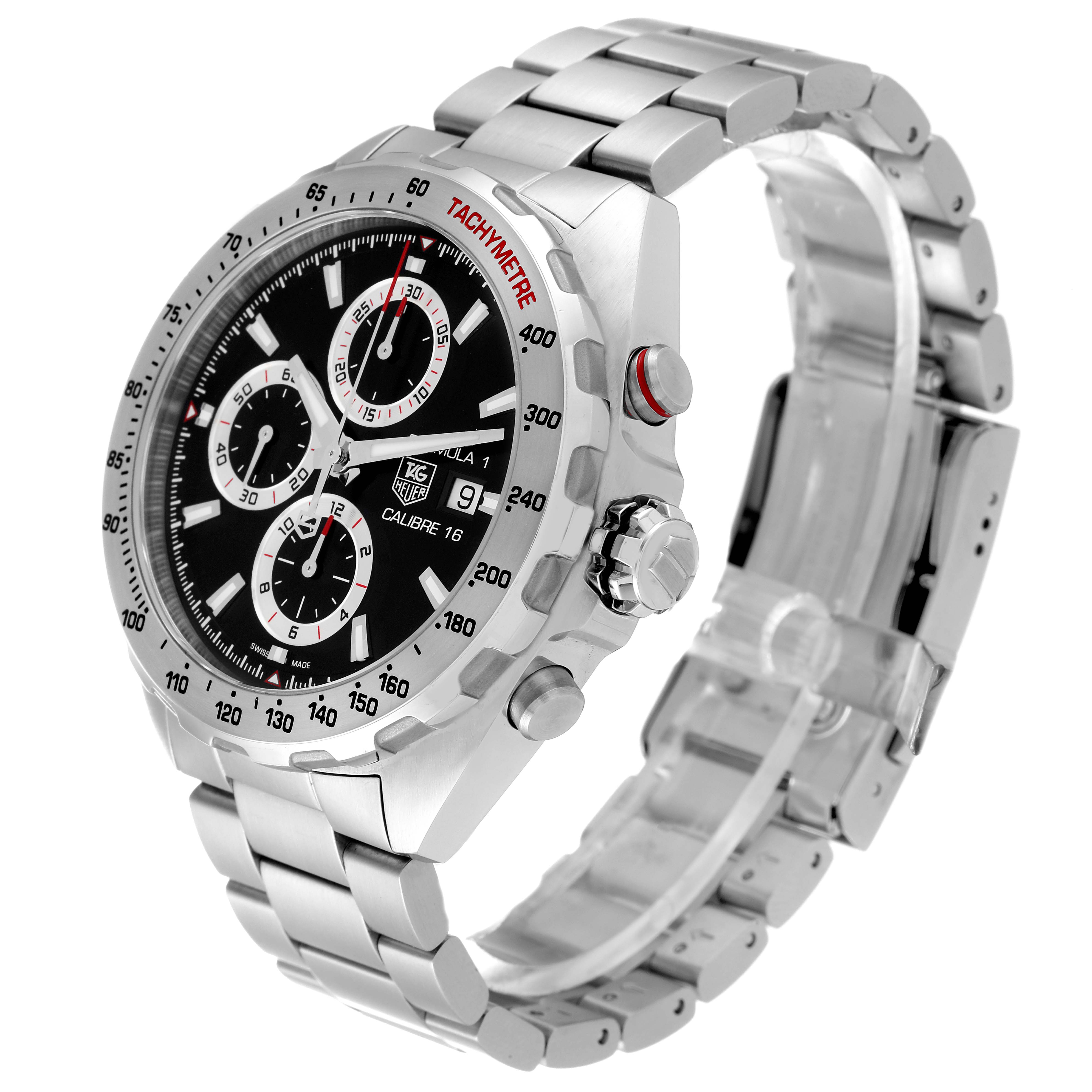 The image shows a side and front angled view of a Tag Heuer Formula 1 CAZ2010.BA0876 Men's Stainless Steel Black Dial CAZ2010.BA0876 Men's Stainless Steel Black Dial watch, highlighting its dial, bezel, pushers, and bracelet.