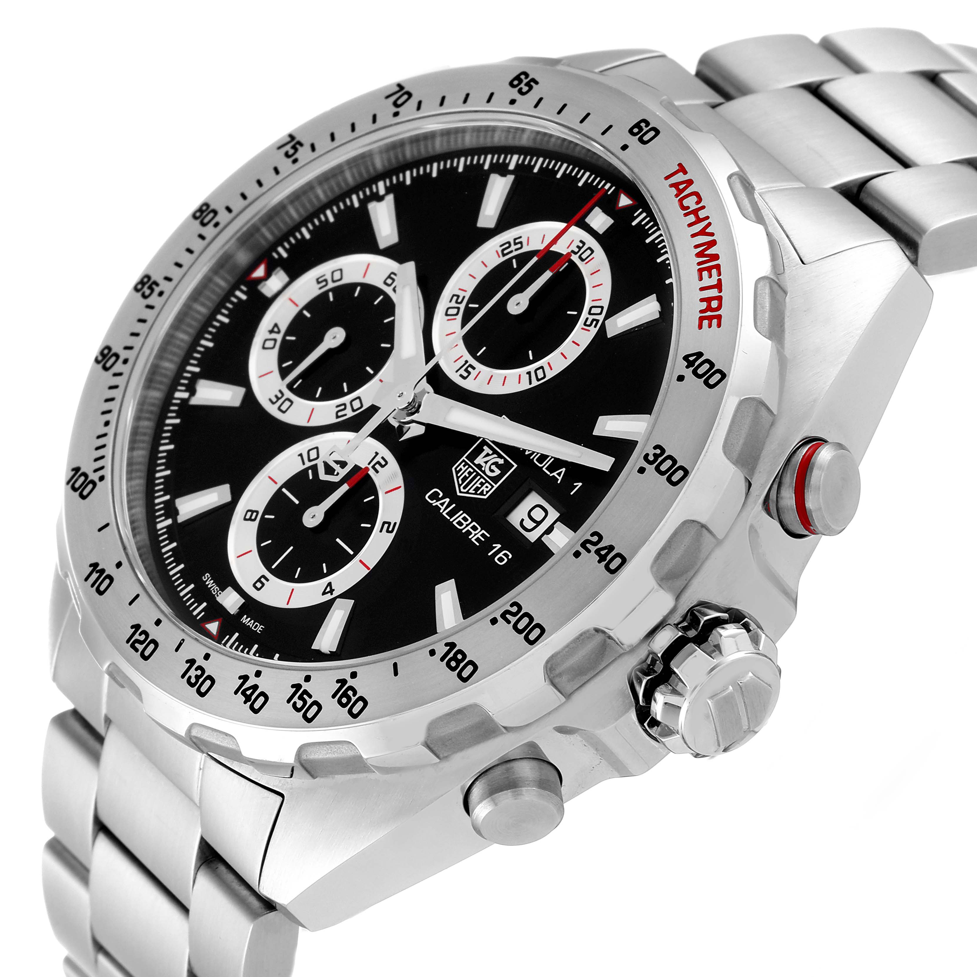 The Tag Heuer Formula 1 CAZ2010.BA0876 Men's Stainless Steel Black Dial CAZ2010.BA0876 Men's Stainless Steel Black Dial watch is shown at an angled side view, highlighting the bezel, dial, pushers, crown, and bracelet.