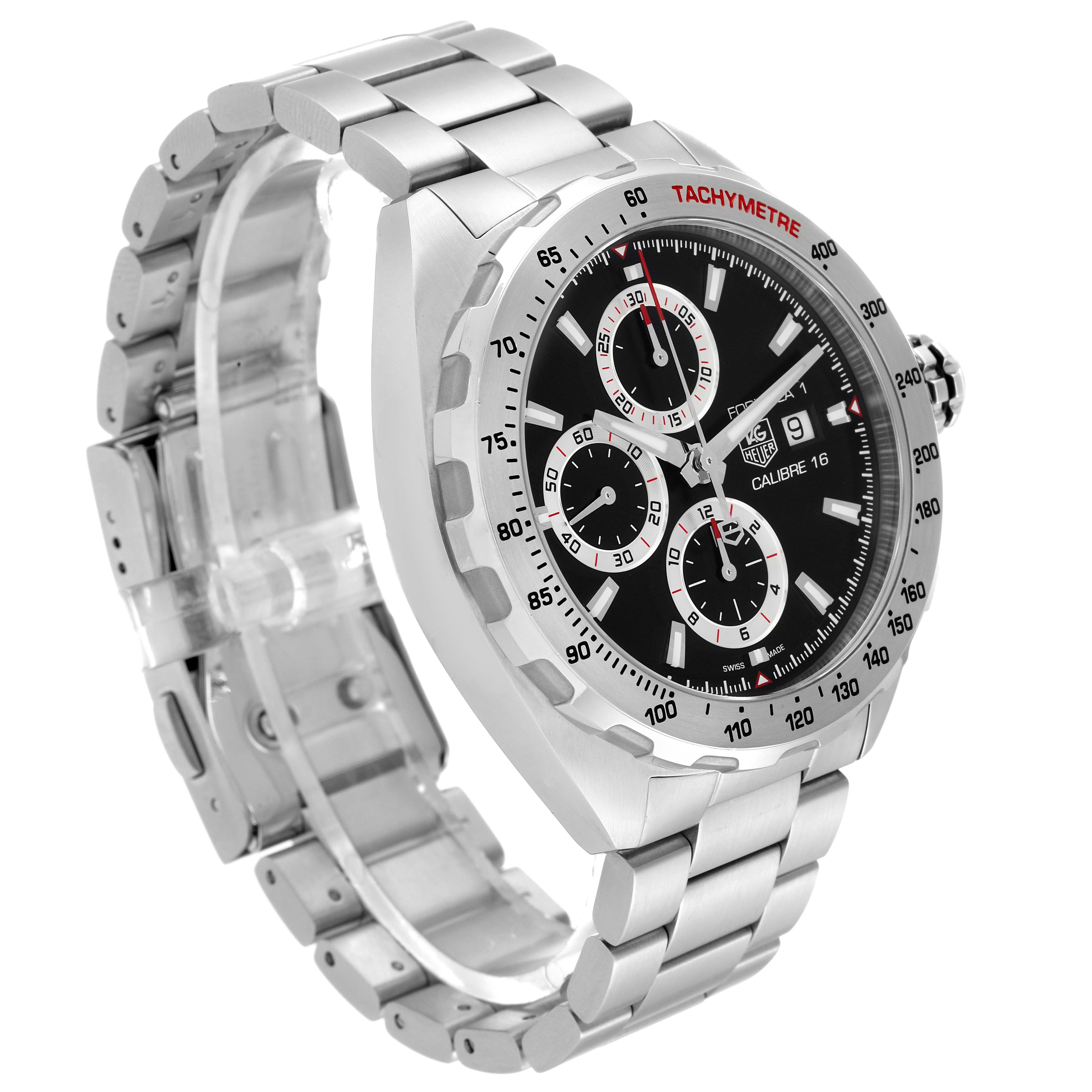 The Tag Heuer Formula 1 CAZ2010.BA0876 Men's Stainless Steel Black Dial CAZ2010.BA0876 Men's Stainless Steel Black Dial watch is shown from a front-left angle, highlighting its face, bezel, crown, and metal bracelet.