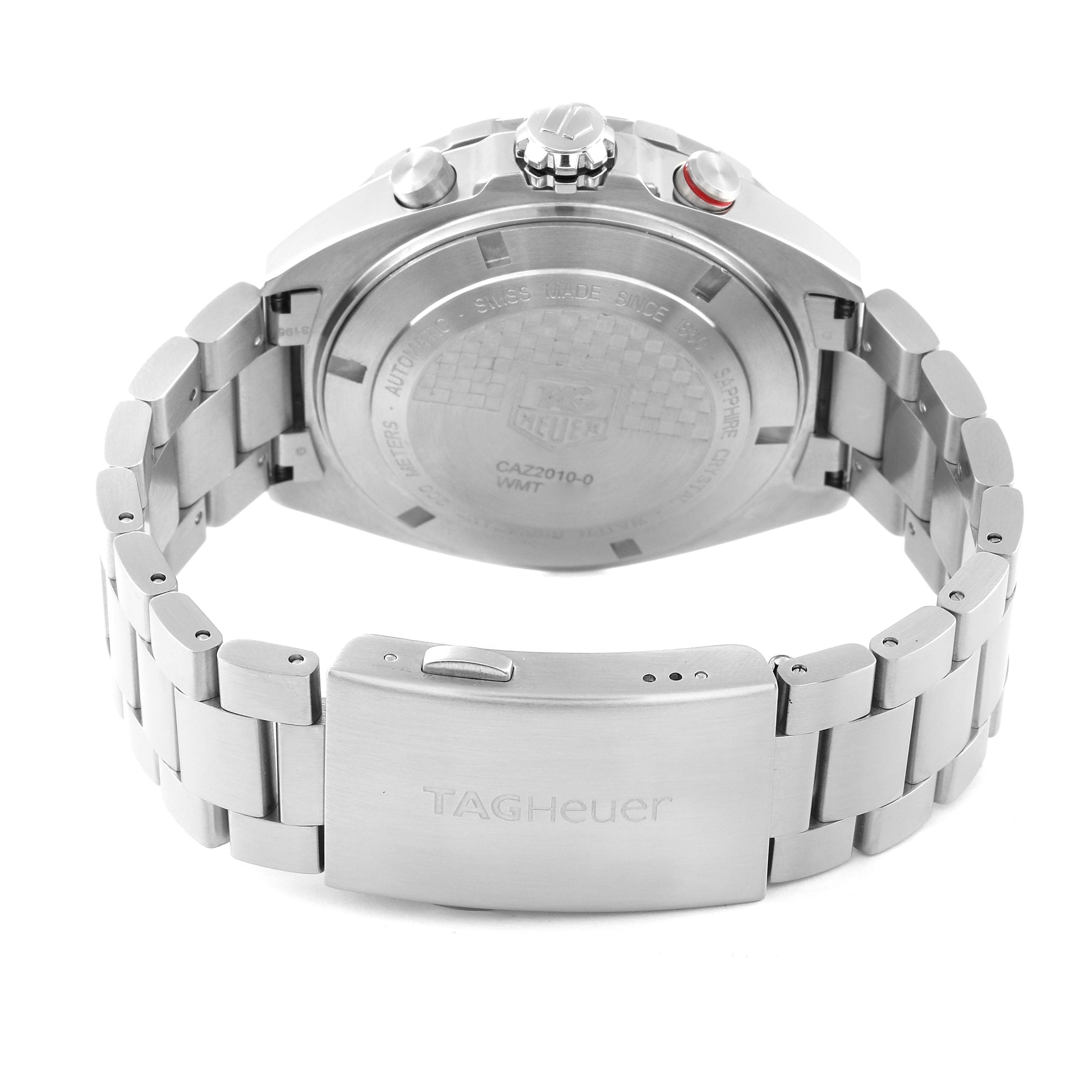 The image shows the back of a Tag Heuer Formula 1 CAZ2010.BA0876 Men's Stainless Steel Black Dial CAZ2010.BA0876 Men's Stainless Steel Black Dial watch with a focus on the clasp and case back details.