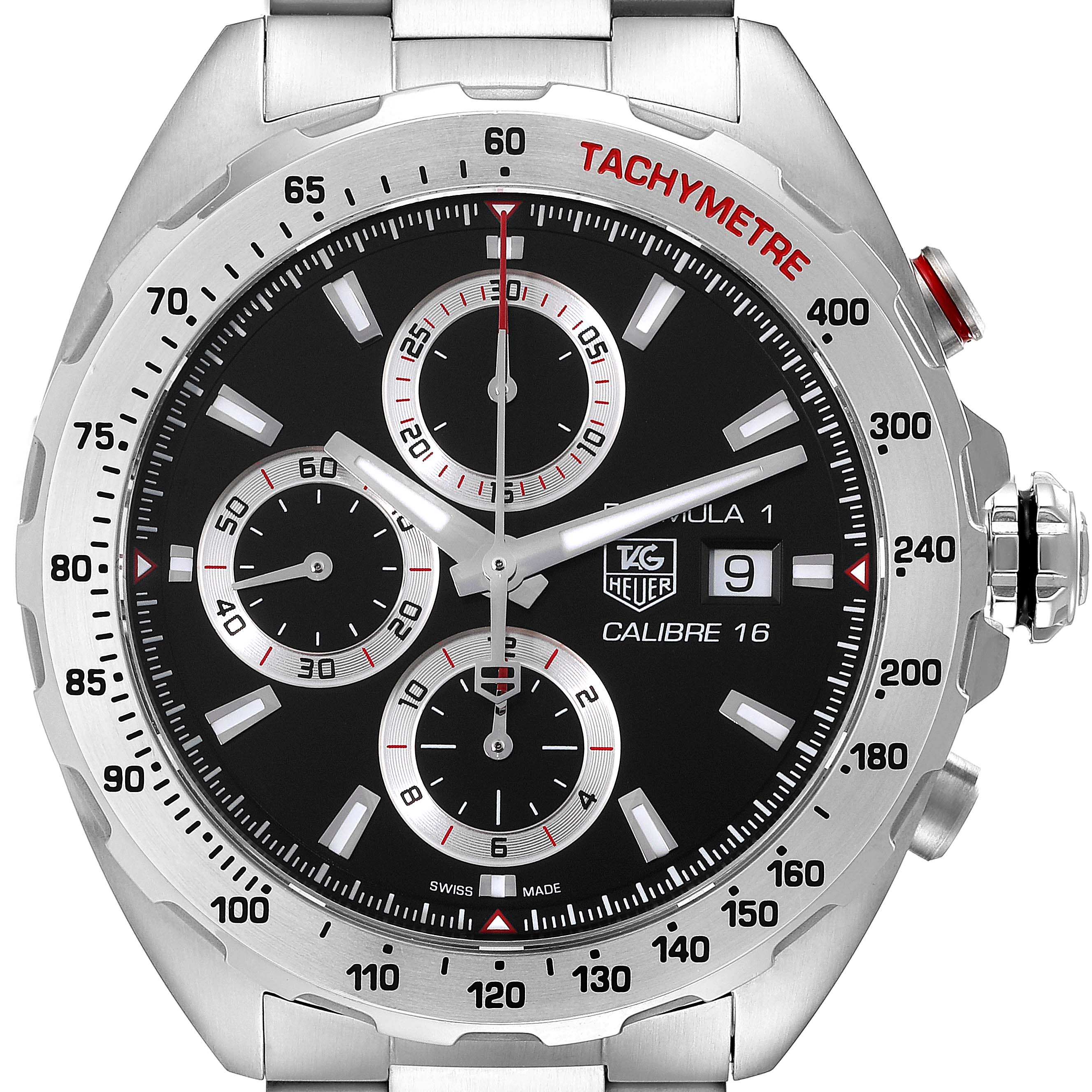 The image shows a close-up, front view of a Tag Heuer Formula 1 CAZ2010.BA0876 Men's Stainless Steel Black Dial CAZ2010.BA0876 Men's Stainless Steel Black Dial watch displaying its face and bezel.