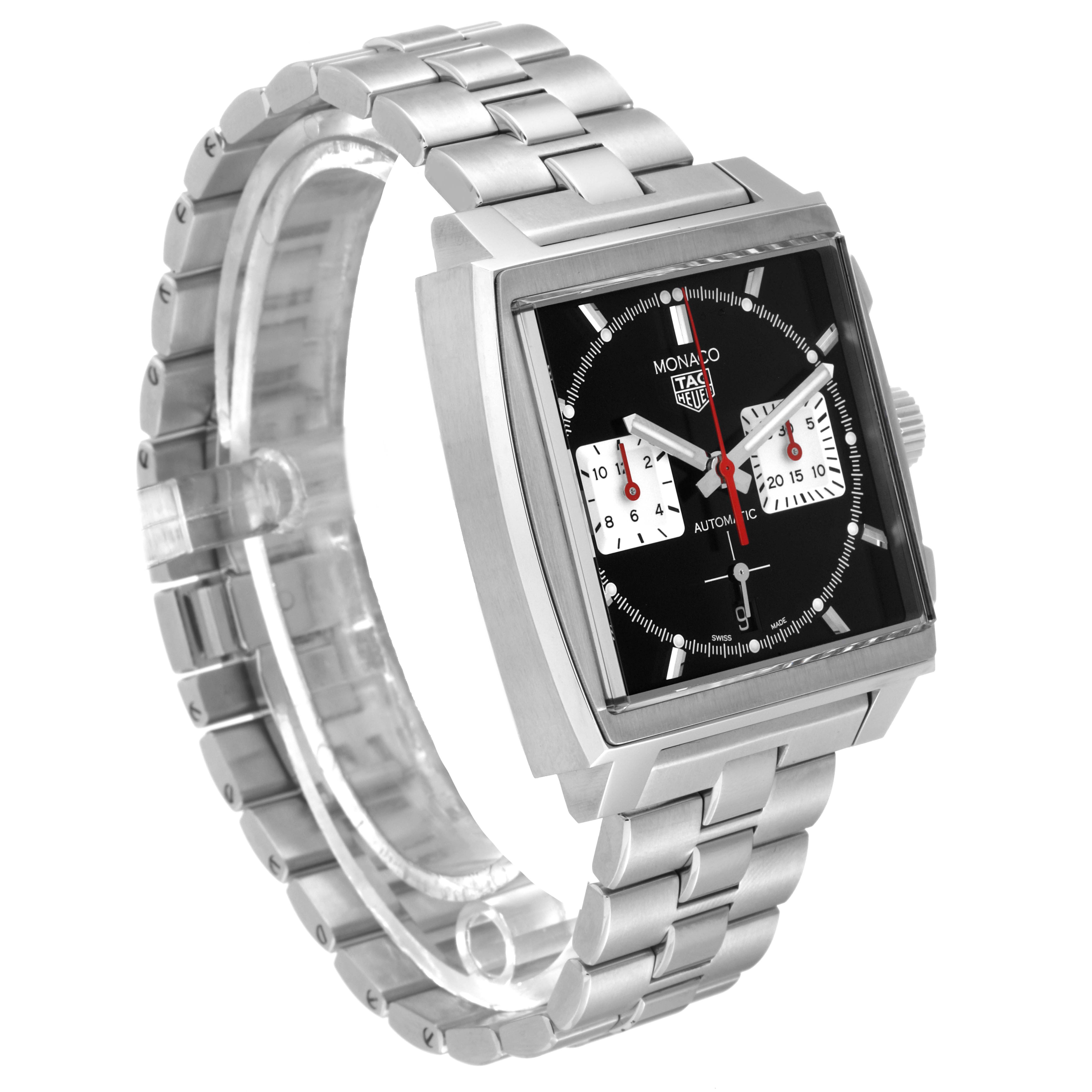 The image shows the front and side view of a Tag Heuer Monaco CBL2113.BA0644 Men's Stainless Steel Black Dial CBL2113.BA0644 Men's Stainless Steel Black Dial watch with a stainless steel bracelet and square dial.