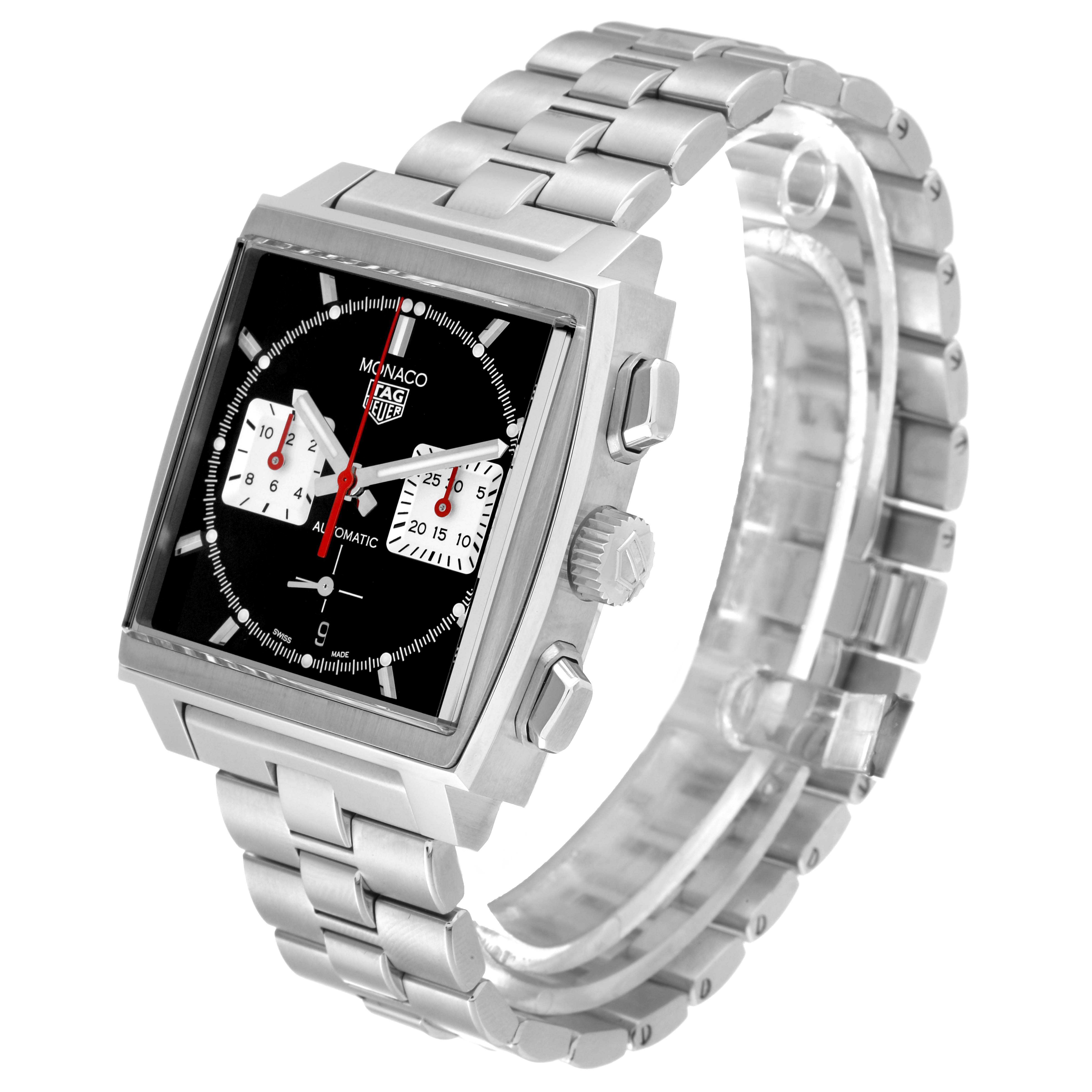 The image shows the Tag Heuer Monaco CBL2113.BA0644 Men's Stainless Steel Black Dial CBL2113.BA0644 Men's Stainless Steel Black Dial watch at a slight angle, highlighting its square face, bracelet, crown, and chronograph buttons.