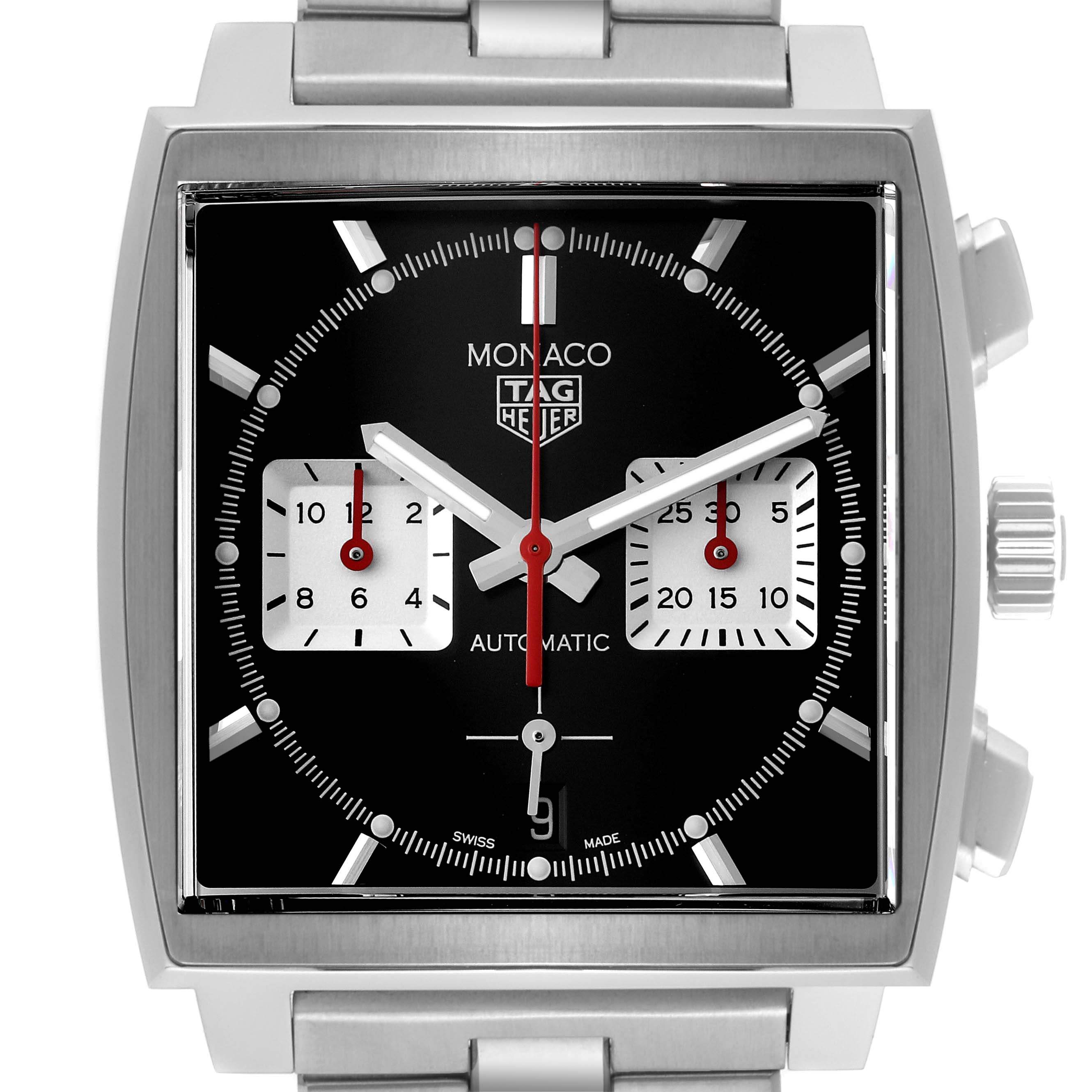 The image shows the front view of the Tag Heuer Monaco CBL2113.BA0644 Men's Stainless Steel Black Dial CBL2113.BA0644 Men's Stainless Steel Black Dial watch, highlighting its square dial and chronograph subdials.
