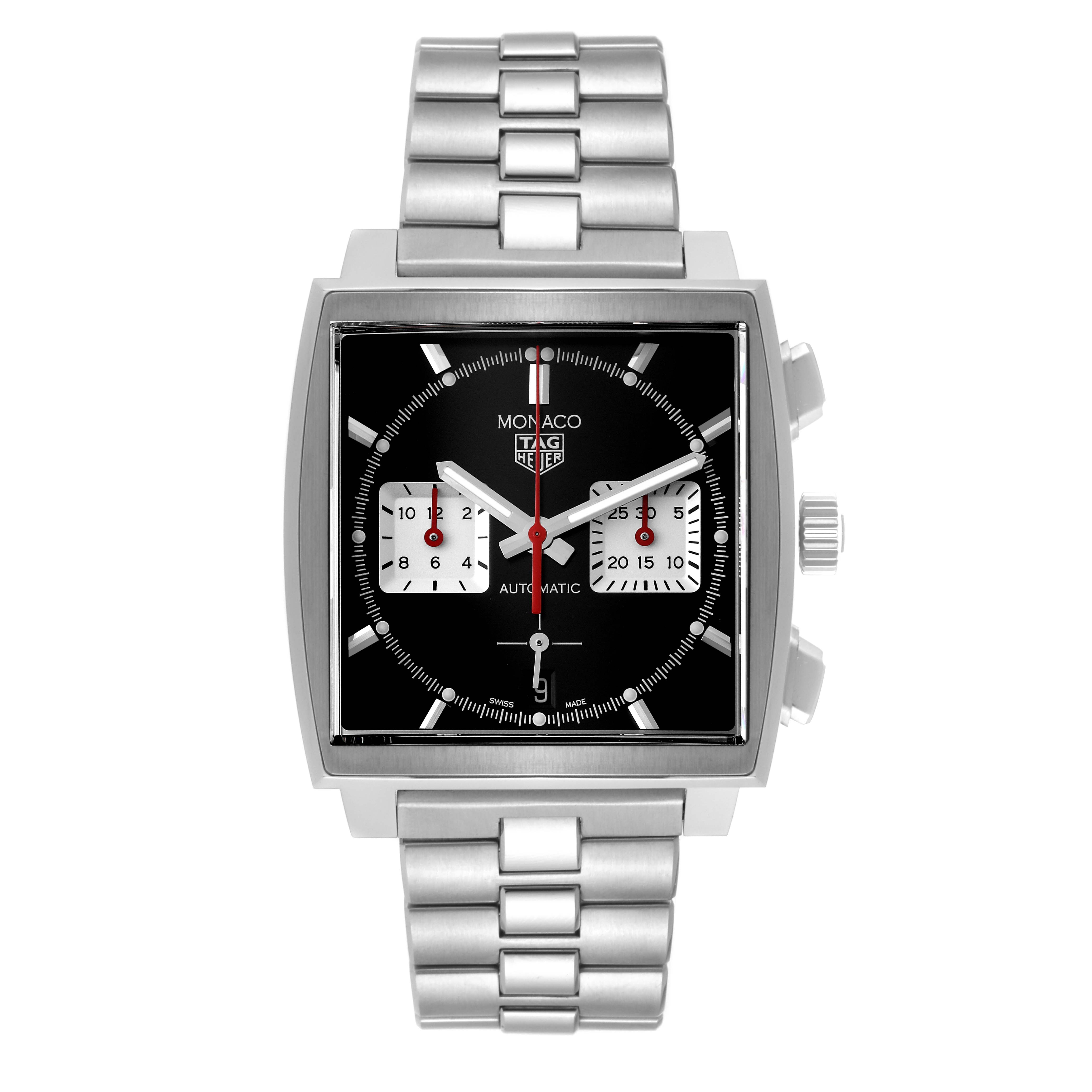 The image shows a front view of the Tag Heuer Monaco CBL2113.BA0644 Men's Stainless Steel Black Dial CBL2113.BA0644 Men's Stainless Steel Black Dial watch, displaying its square face and metal bracelet.