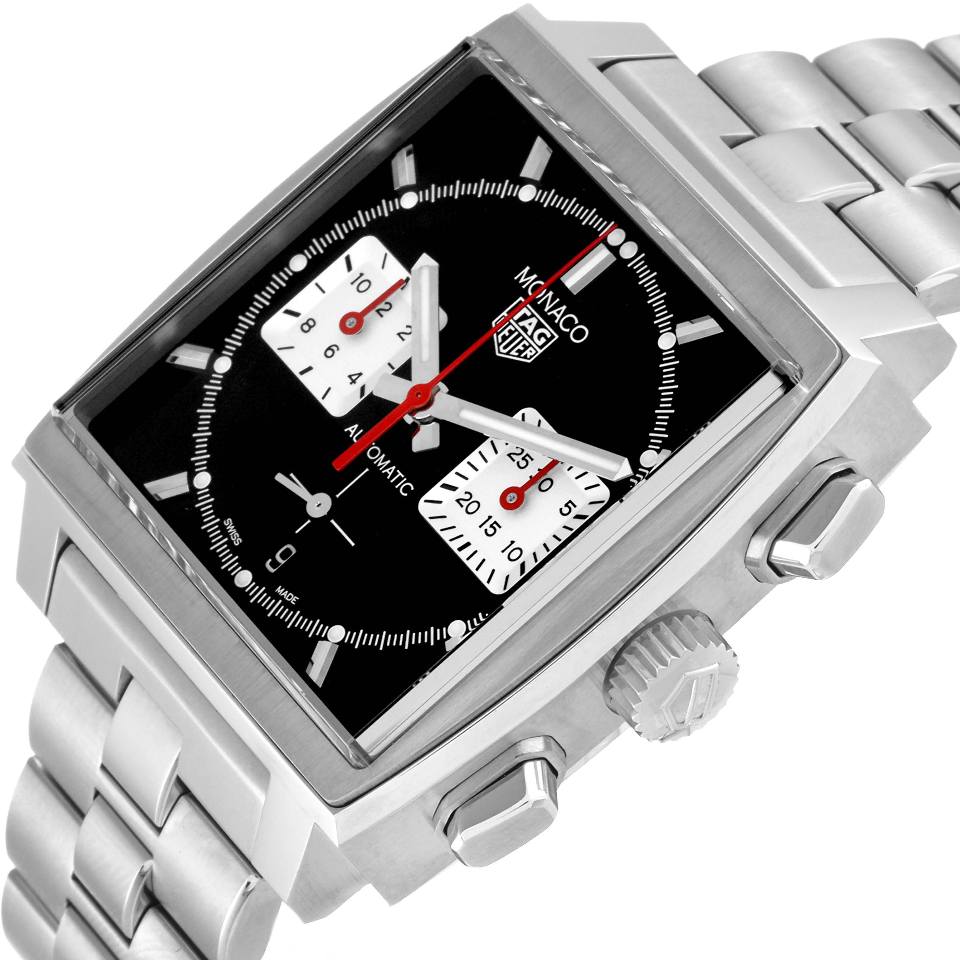 The image shows the face, crown, and part of the bracelet of the Tag Heuer Monaco CBL2113.BA0644 Men's Stainless Steel Black Dial CBL2113.BA0644 Men's Stainless Steel Black Dial watch at a three-quarter angle.