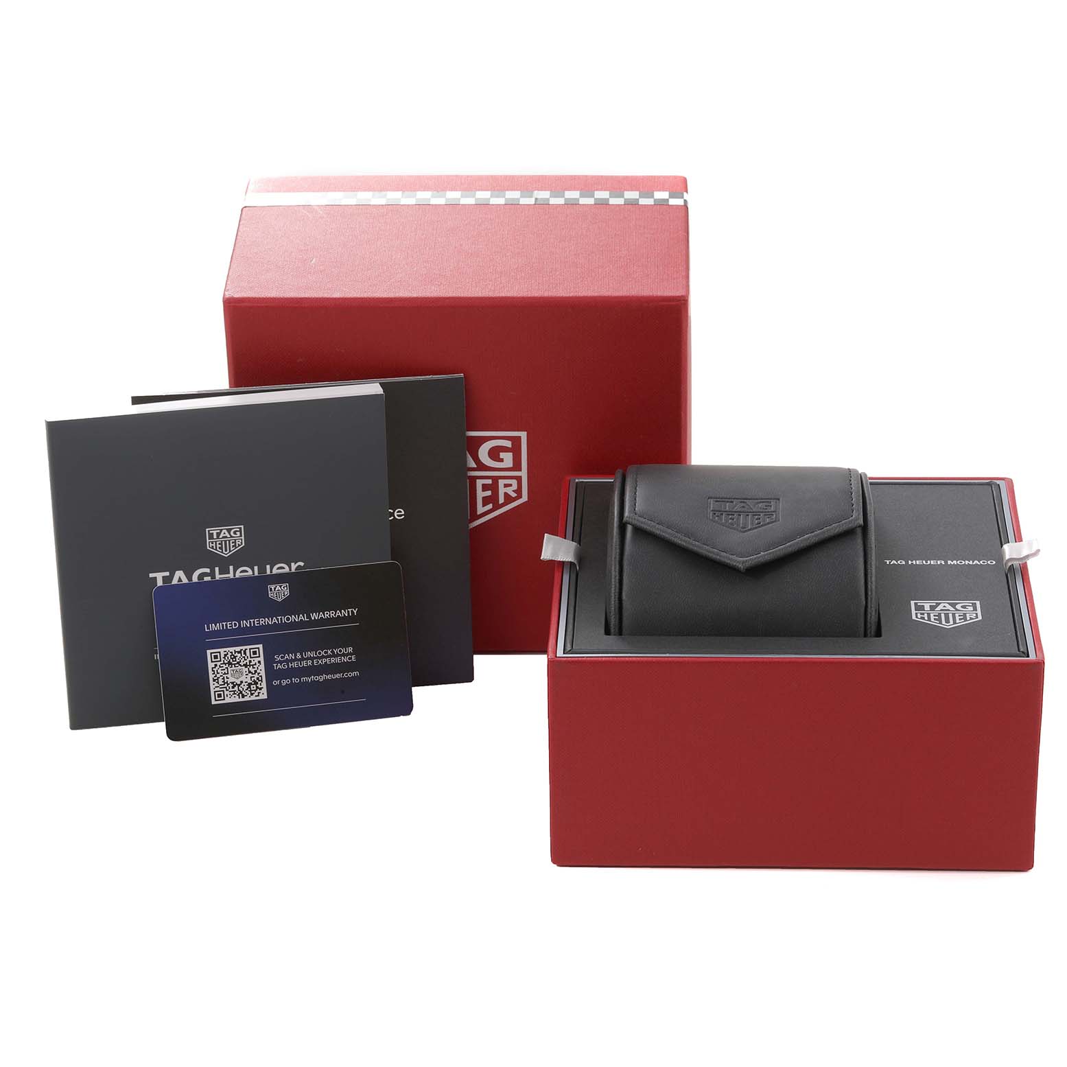 The image shows the packaging and accessories for the Tag Heuer Monaco CBL2113.BA0644 Men's Stainless Steel Black Dial CBL2113.BA0644 Men's Stainless Steel Black Dial watch, including a red box, manual, warranty card, and a black cushioned case.