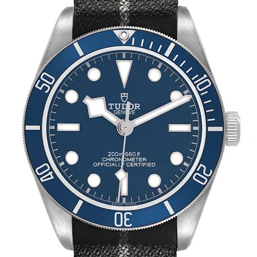 The image shows a front view of the Tudor Heritage Black Bay 79030B Men's Stainless Steel Blue Dial watch, highlighting the dial, bezel, and crown.