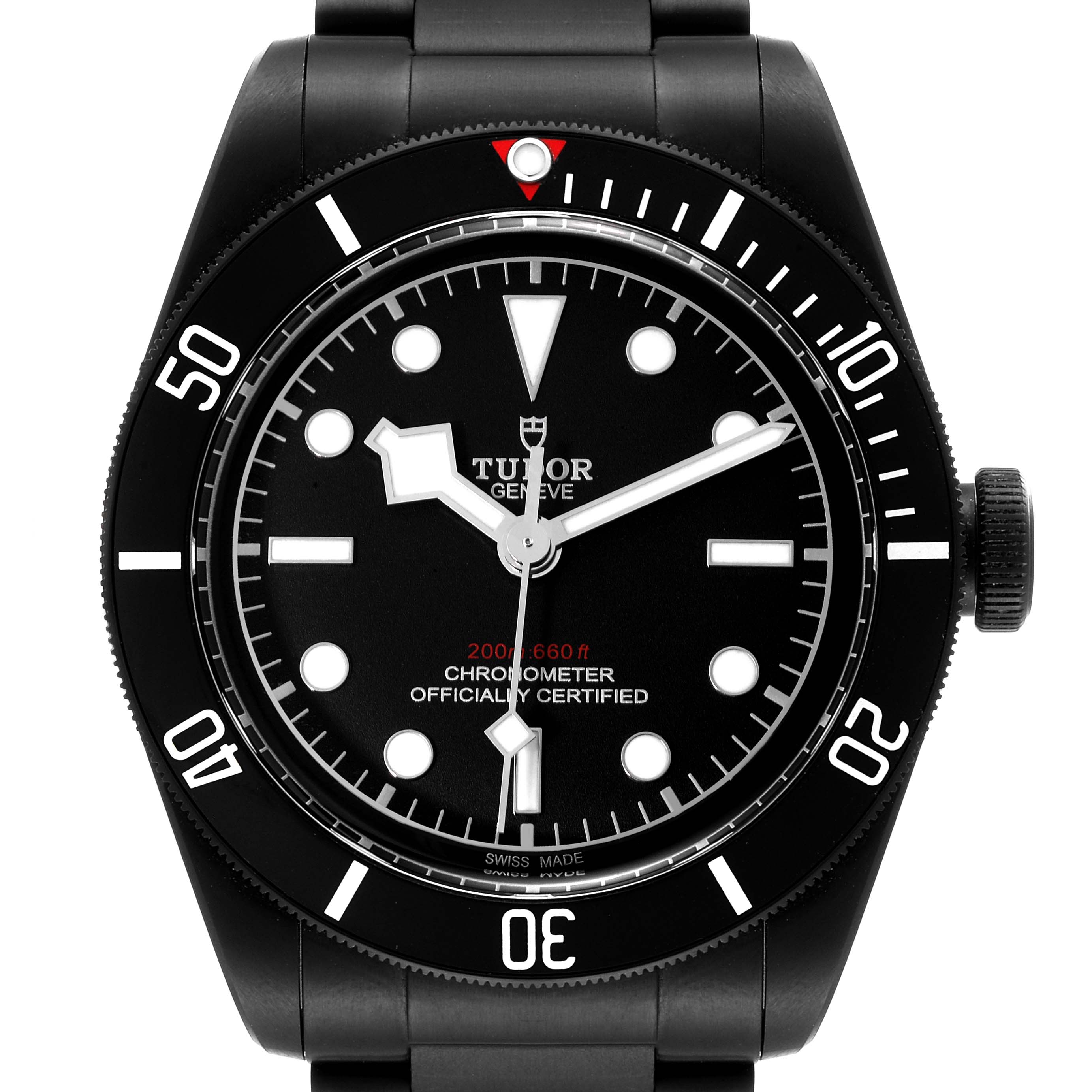 The image shows a front view of the Tudor Heritage Black Bay 79230DK Men's Stainless Steel Black Dial 79230DK Men's Stainless Steel Black Dial watch, highlighting its black dial, bezel, and bracelet.