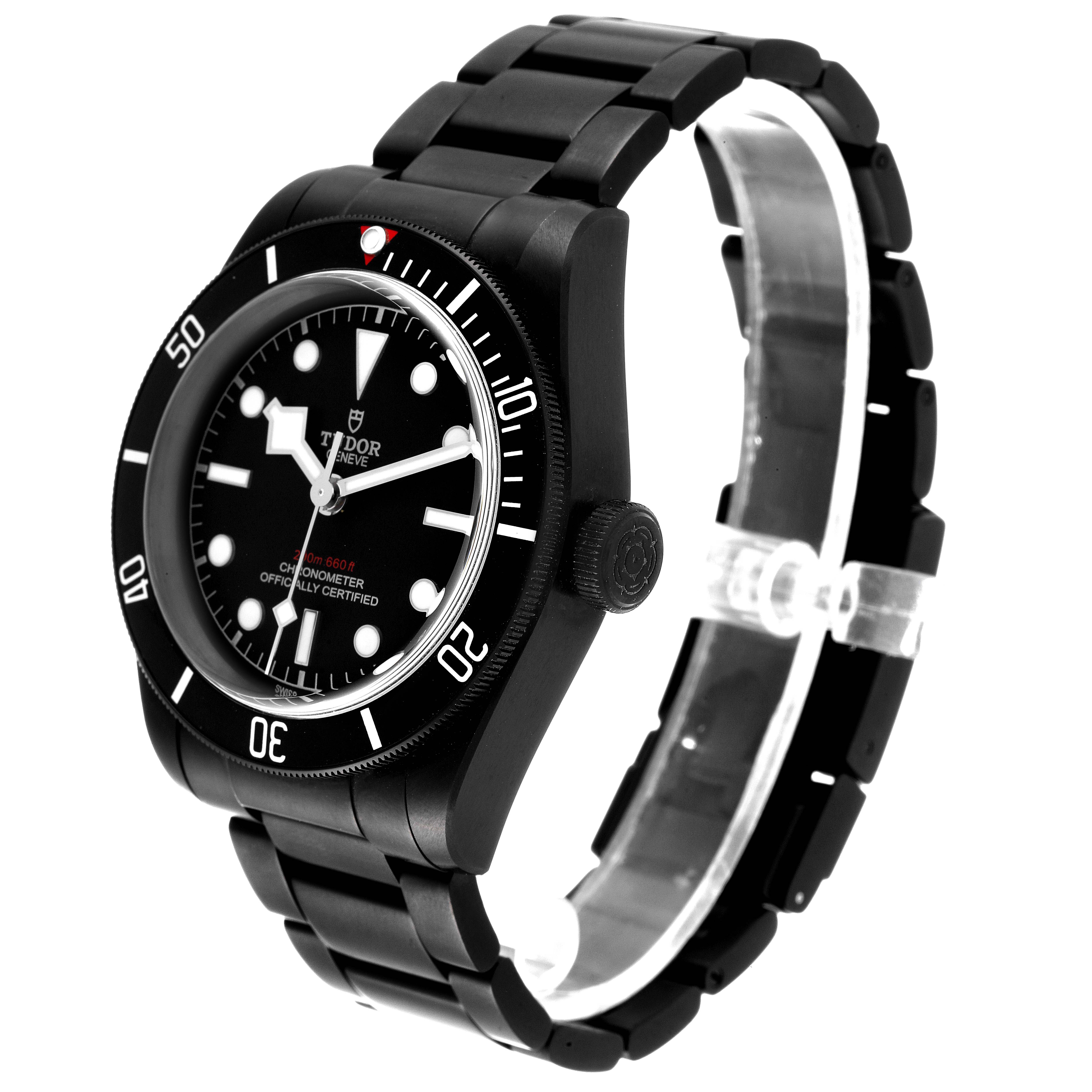 This image shows the Tudor Heritage Black Bay 79230DK Men's Stainless Steel Black Dial 79230DK Men's Stainless Steel Black Dial watch from a three-quarter angle, displaying the dial, bezel, crown, and bracelet.