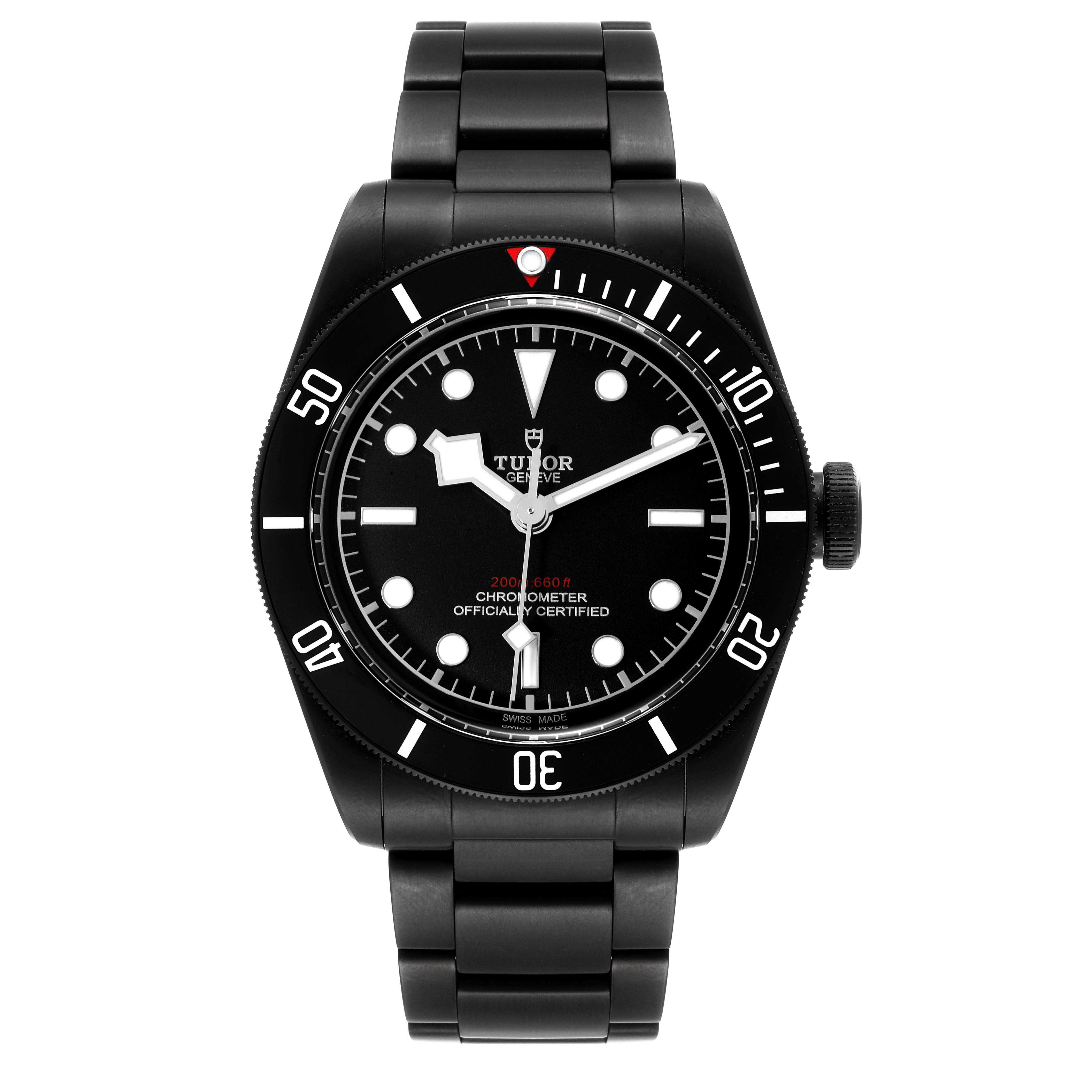 The image shows a front view of the Tudor Heritage Black Bay 79230DK Men's Stainless Steel Black Dial 79230DK Men's Stainless Steel Black Dial watch, highlighting the face, bezel, crown, and bracelet.
